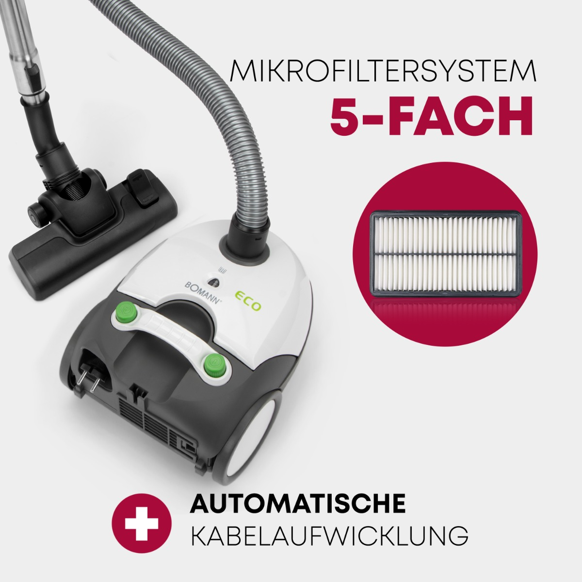 Odkurzacz z filtrem i tekstem. Tekst wspomina o systemie mikrofiltrów i automatycznym zwijaniu kabla.