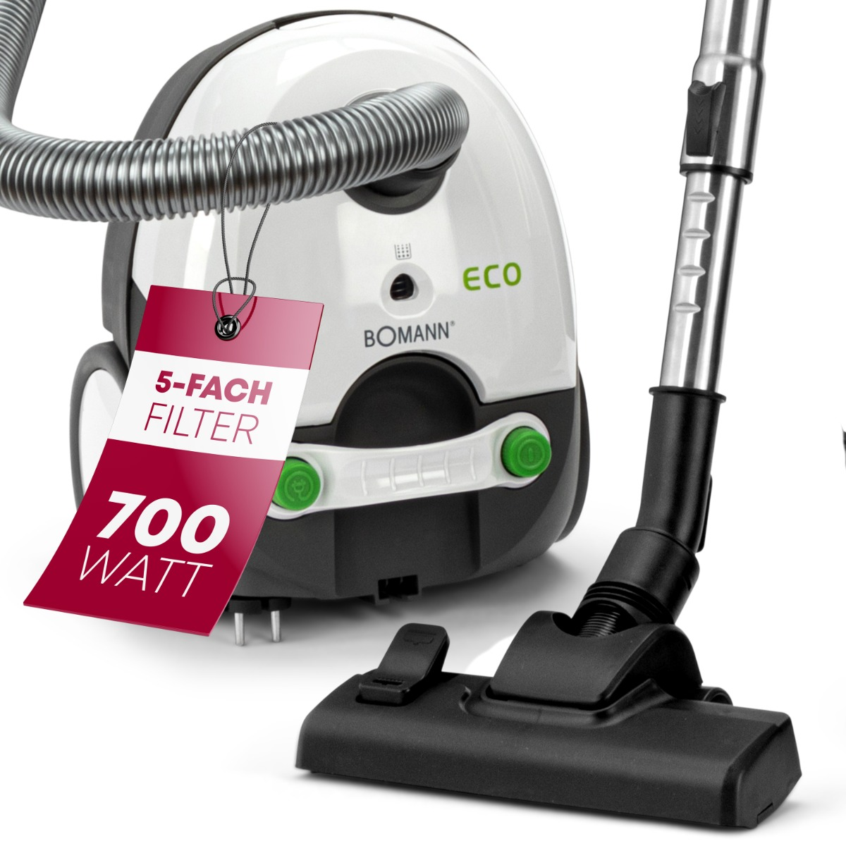 Biało-czarny odkurzacz Bomann z czerwoną etykietą '5-FACH FILTER'.
