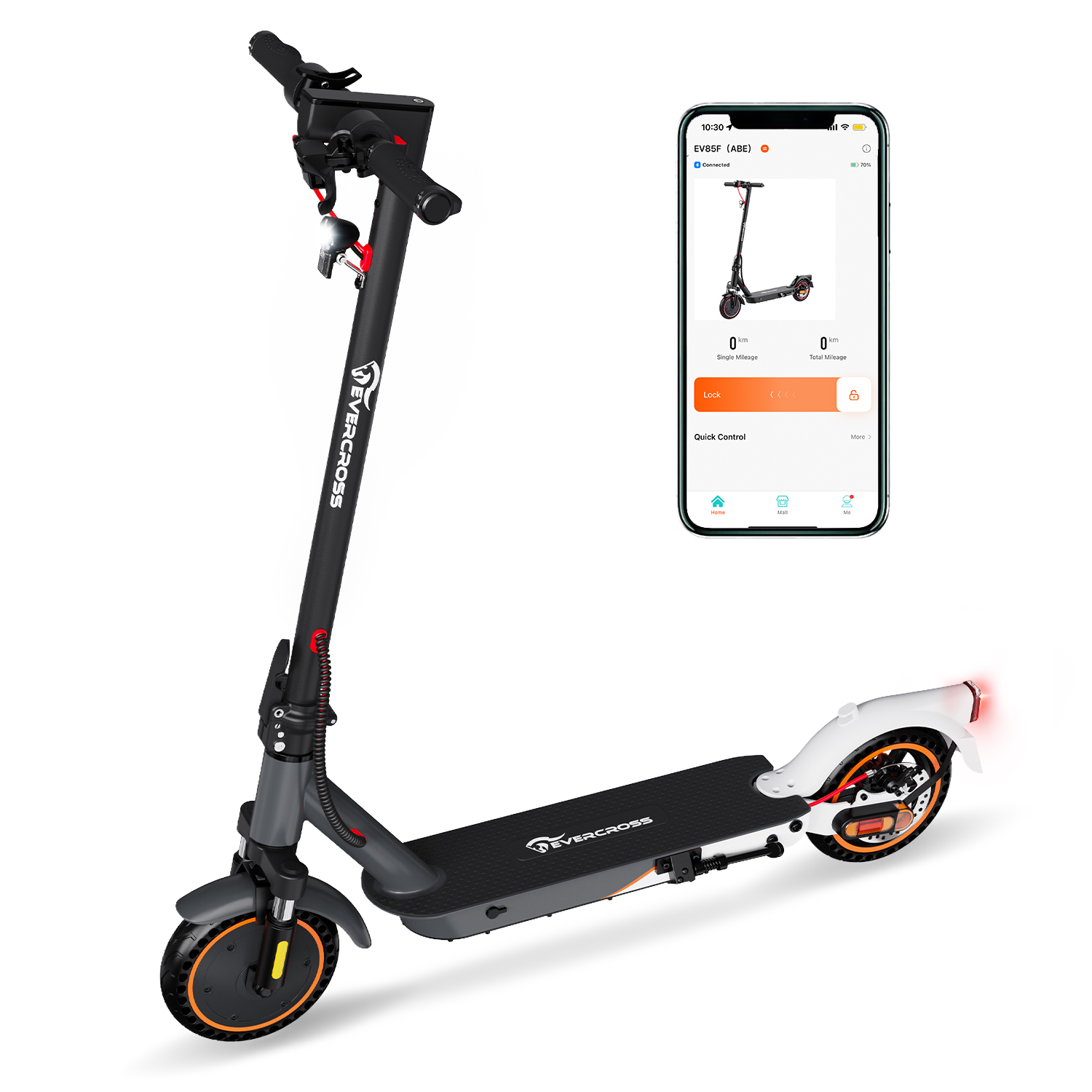 Schwarz-grauer Elektroroller mit Telefon, das eine App-Oberfläche zeigt, und weißem Hintergrund.