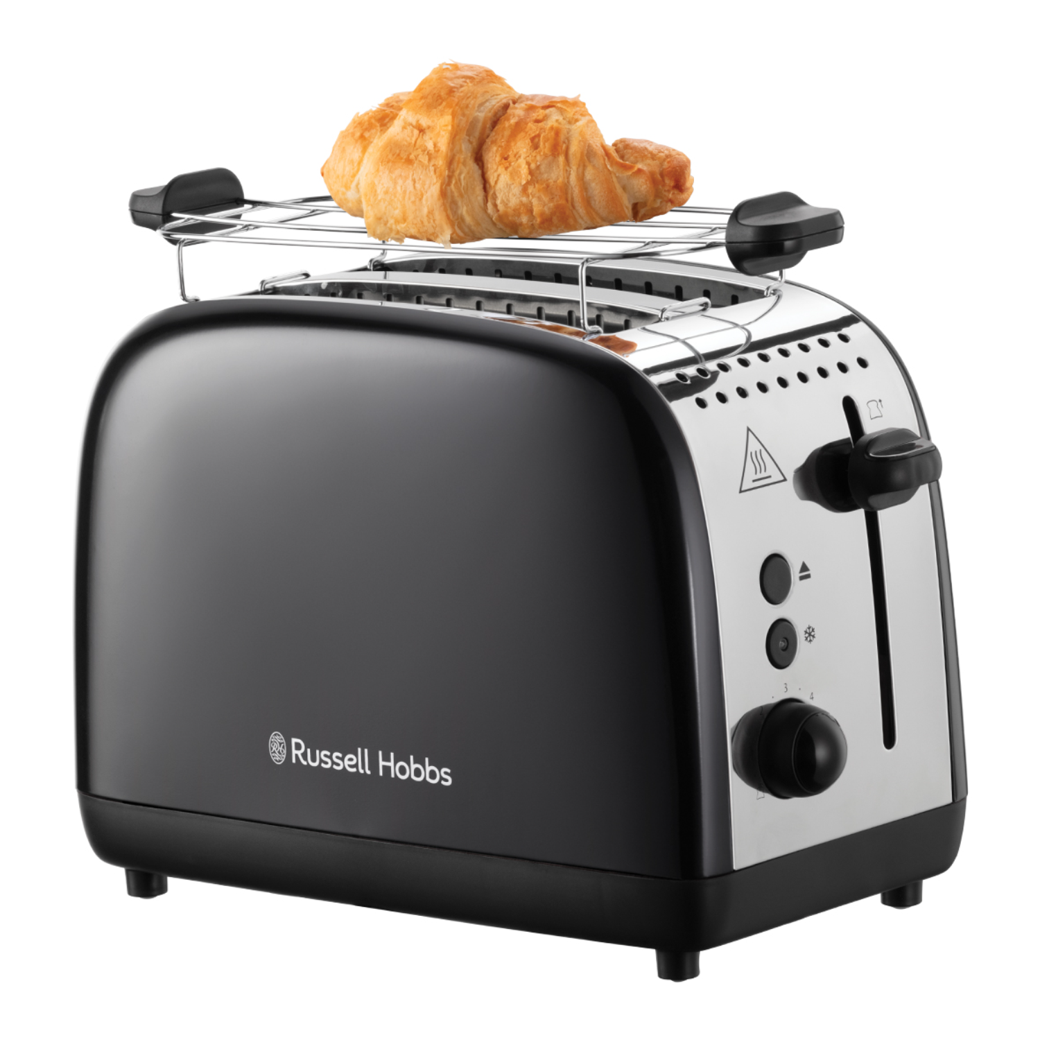 Grille-pain noir avec un croissant dessus. Détails argentés et noirs.
