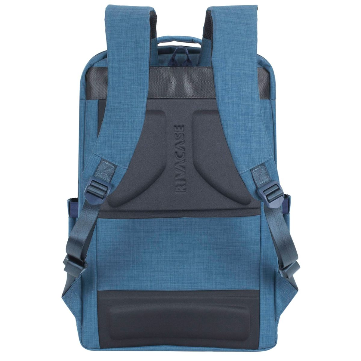 Blauer Rucksack mit schwarzer Polsterung und Trägern. Hat das RIVACASE-Logo auf der Rückseite.
