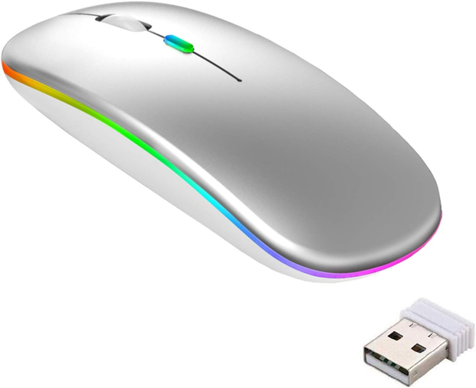 Eine silberne kabellose Maus mit Regenbogenlichtern und USB-Empfänger, weißer Hintergrund.