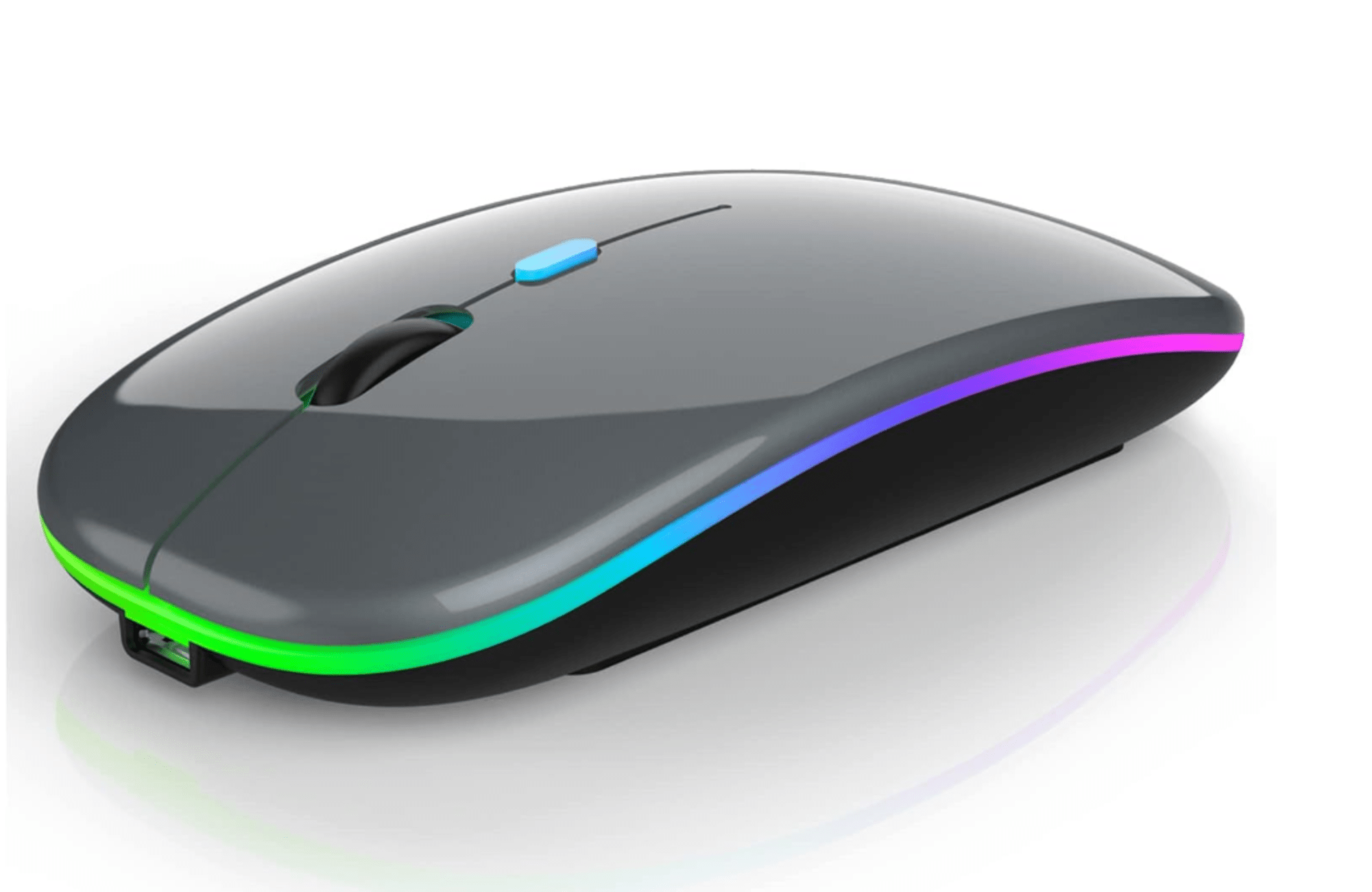Graue kabellose Computermaus mit blauem Knopf und farbigem Lichtrand.