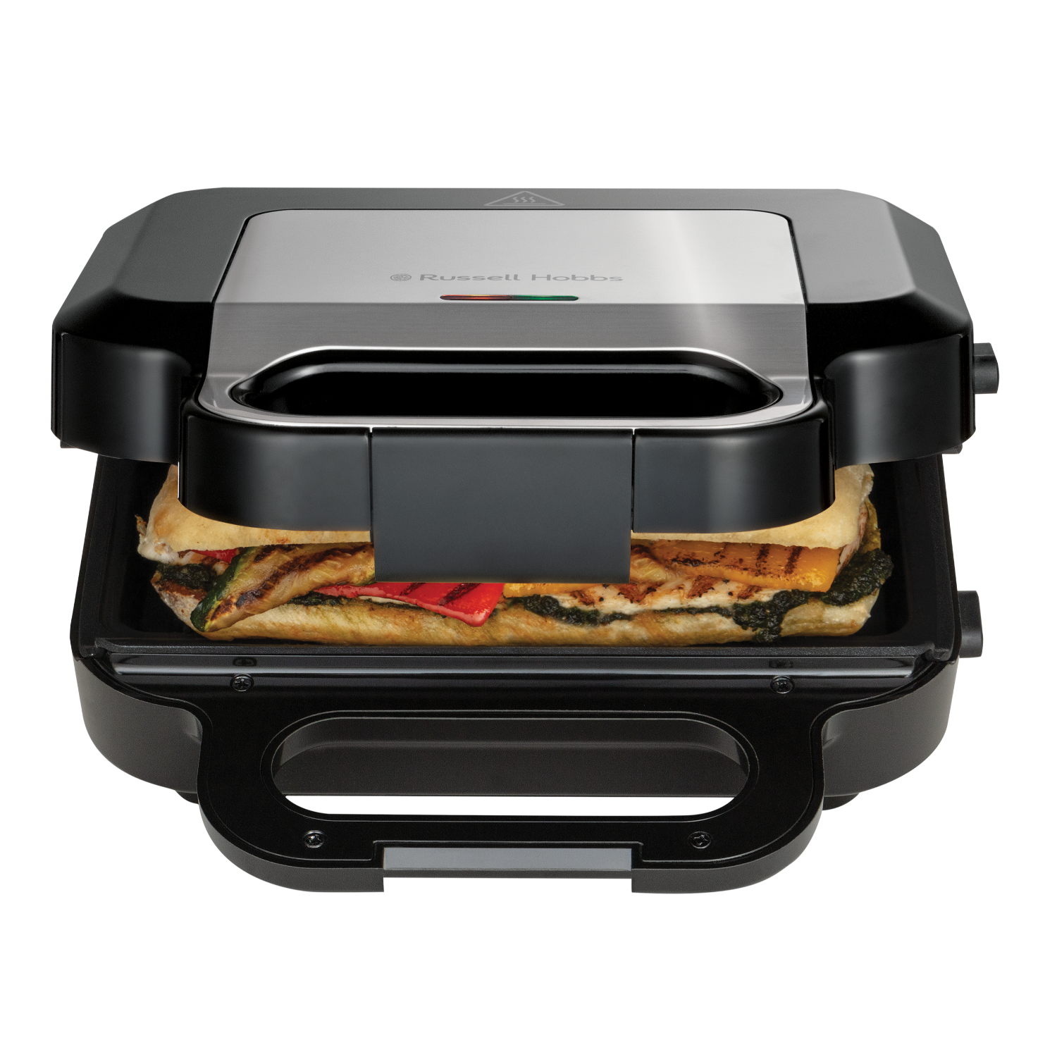 Sandwich-Toaster mit einem getoasteten Sandwich im Inneren, schwarze Außenseite, silberne Oberseite.