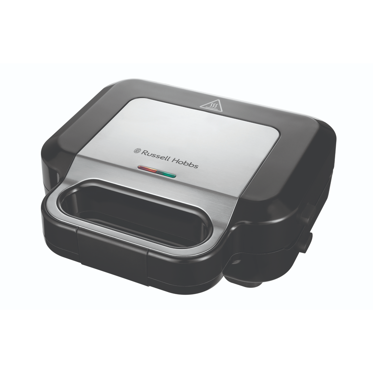 Schwarzer und silberner Russell Hobbs Sandwichmaker. Rote und grüne Lichter sind sichtbar.