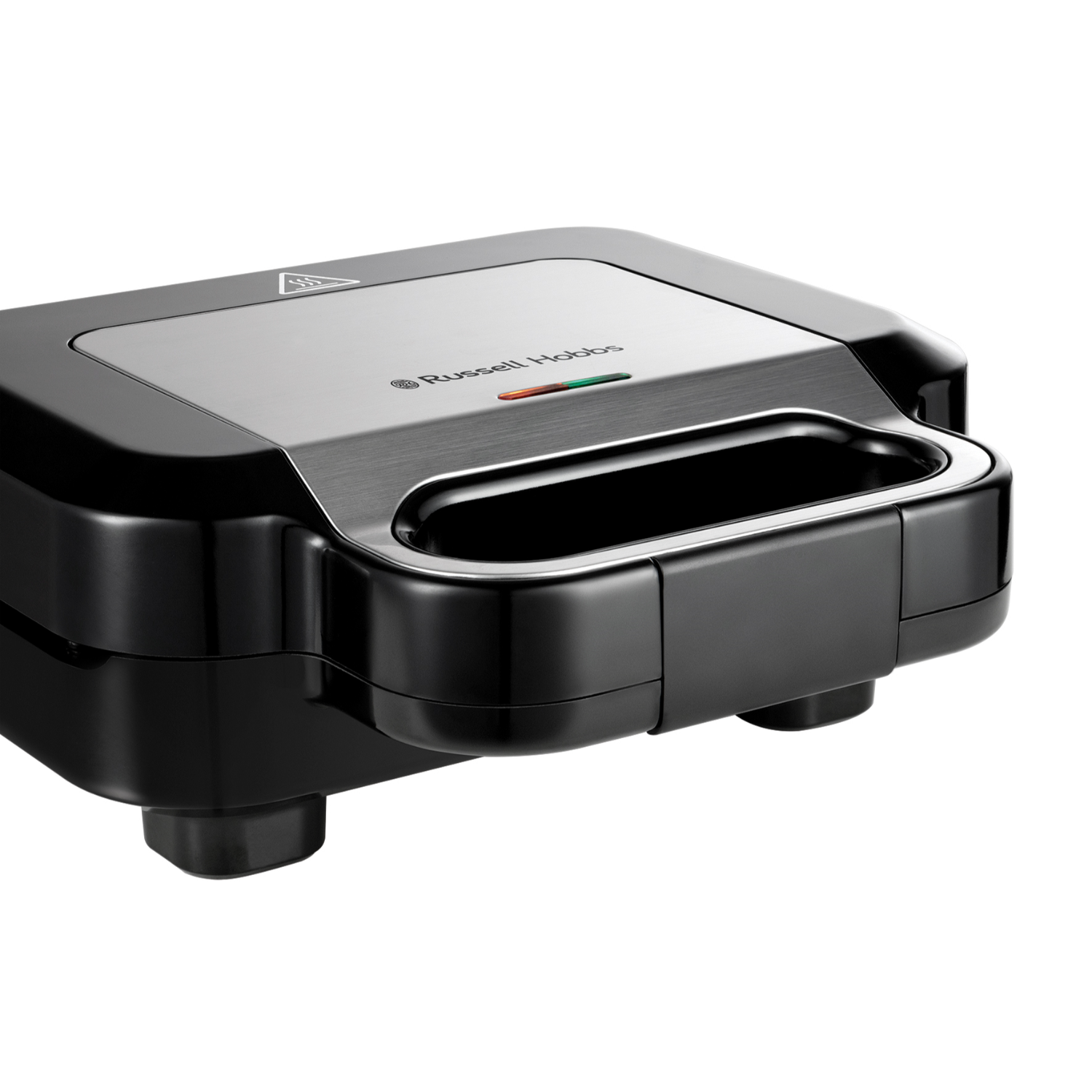 Schwarzer Russell Hobbs Sandwichmaker. Rote und grüne Lichter. Weißer Hintergrund.
