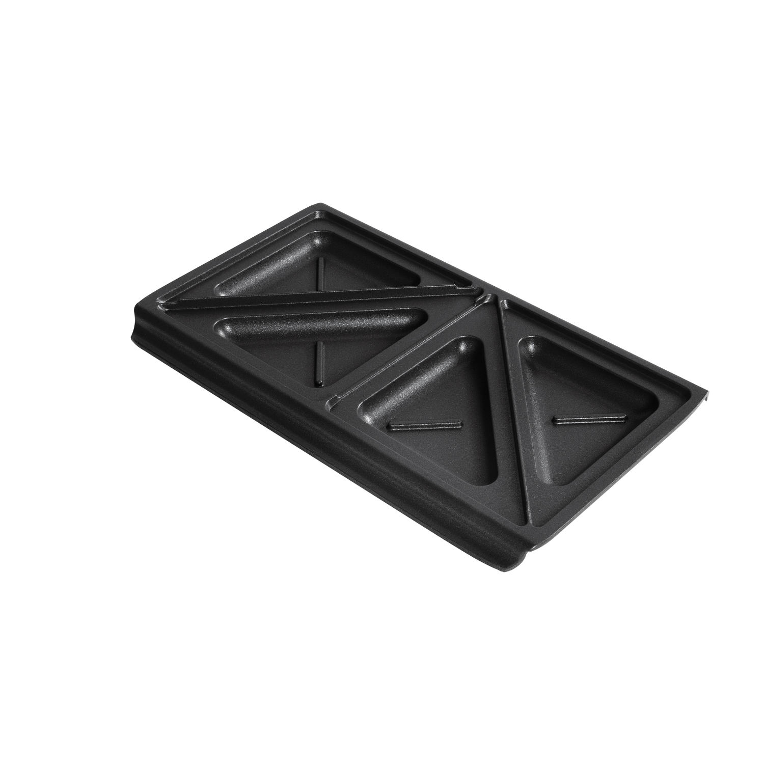 Ein schwarzes Sandwich-Maker-Tablett. Das Tablett hat vier dreieckige Abschnitte und befindet sich auf schwarzem Hintergrund.