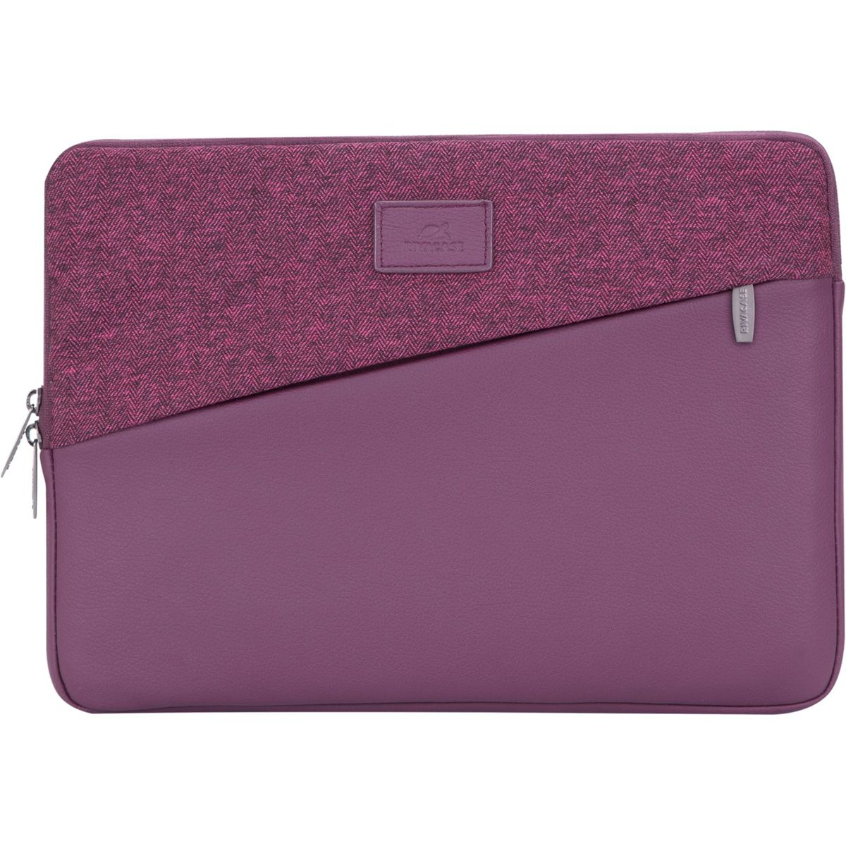 Una custodia per laptop viola con una sezione superiore a fantasia e una sezione inferiore liscia. Il marchio è visibile.