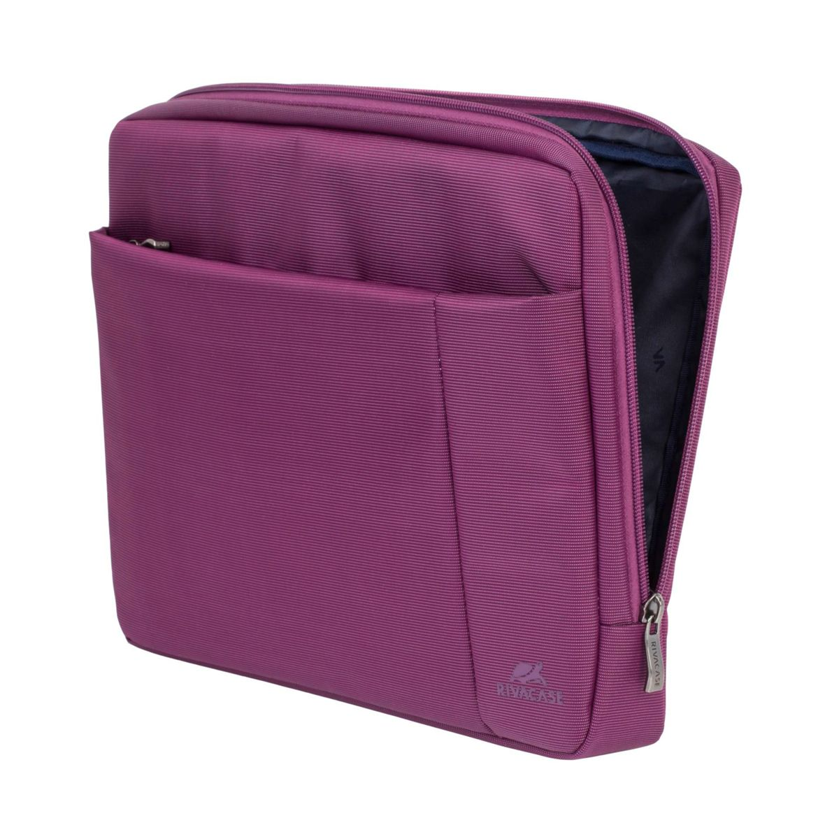 Una custodia per laptop magenta, parzialmente aperta, con cerniera.