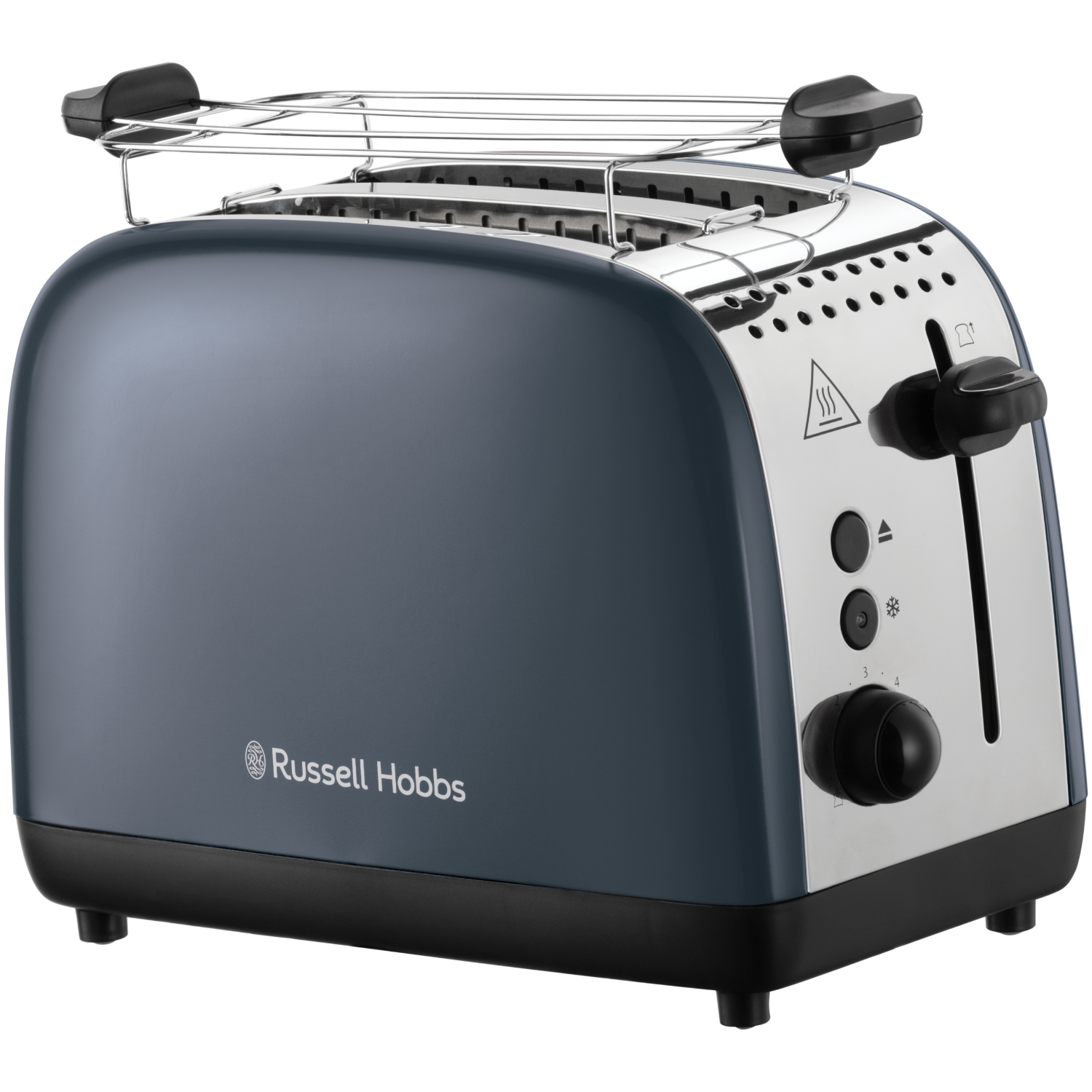 Granatowo-srebrny toster na czarnej powierzchni.