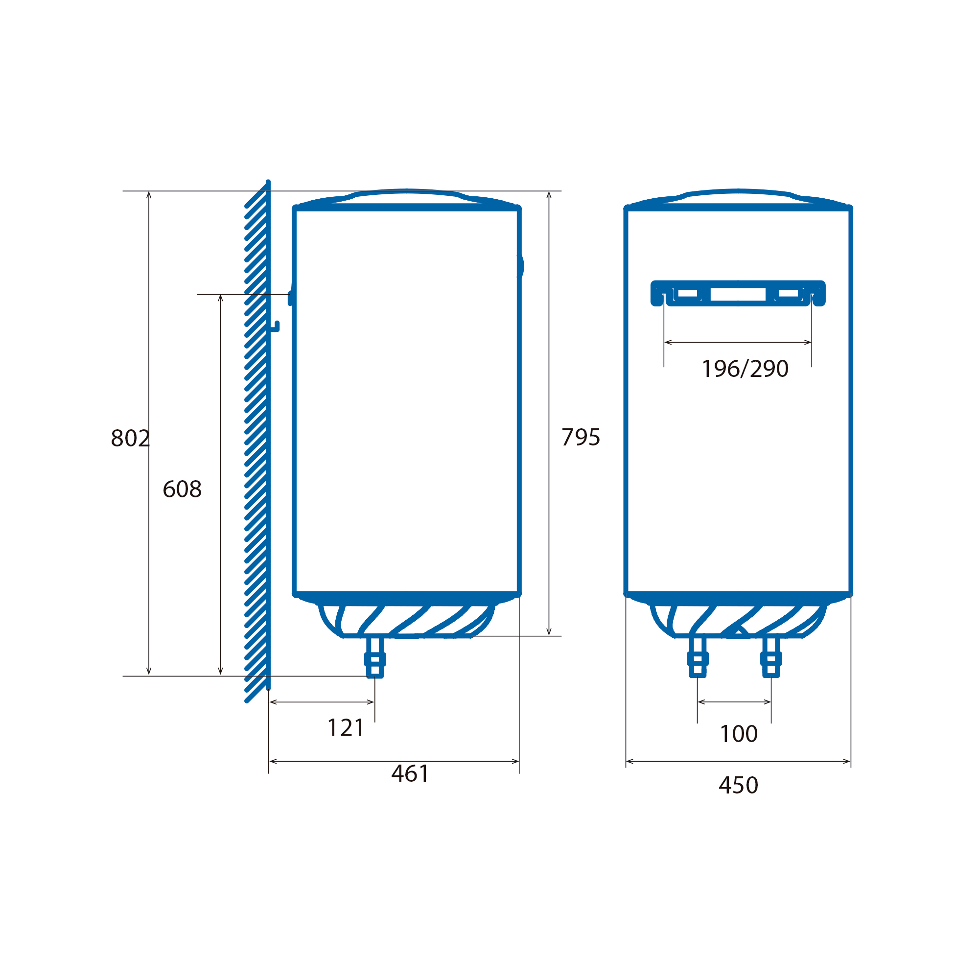 Dibujo técnico de un calentador de agua con dimensiones en mm, mostrando vistas frontal y lateral.