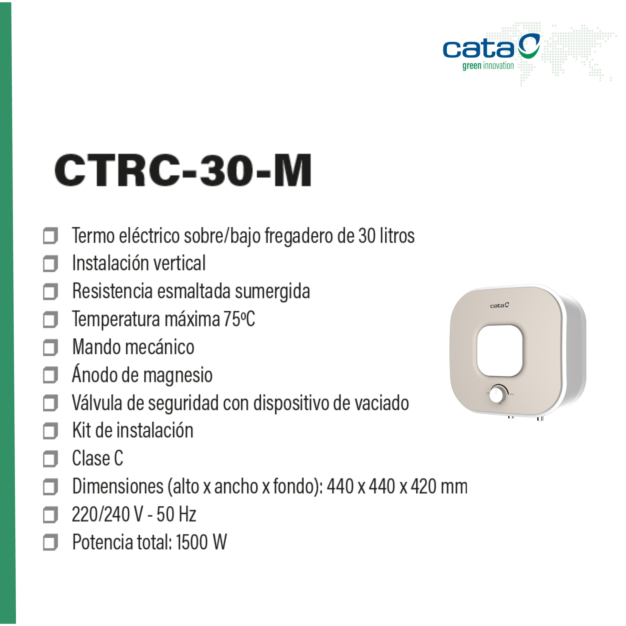 Calentador de agua con especificaciones técnicas a la izquierda e imagen del producto a la derecha. Fondo blanco.