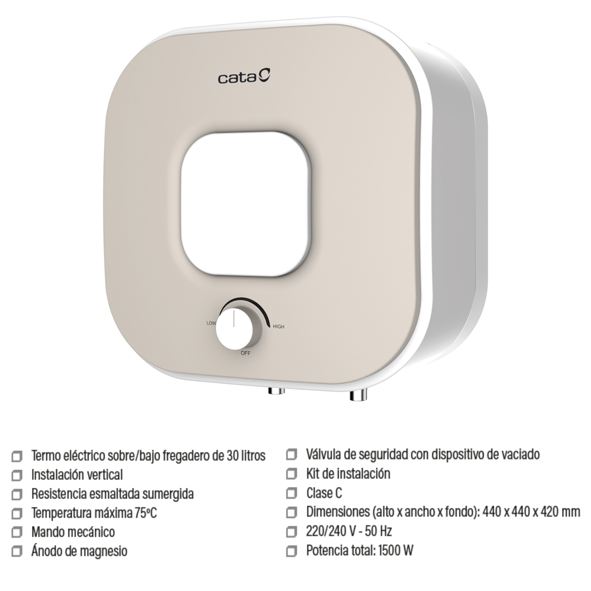 Un termo eléctrico Cata beige y blanco con mando y texto.