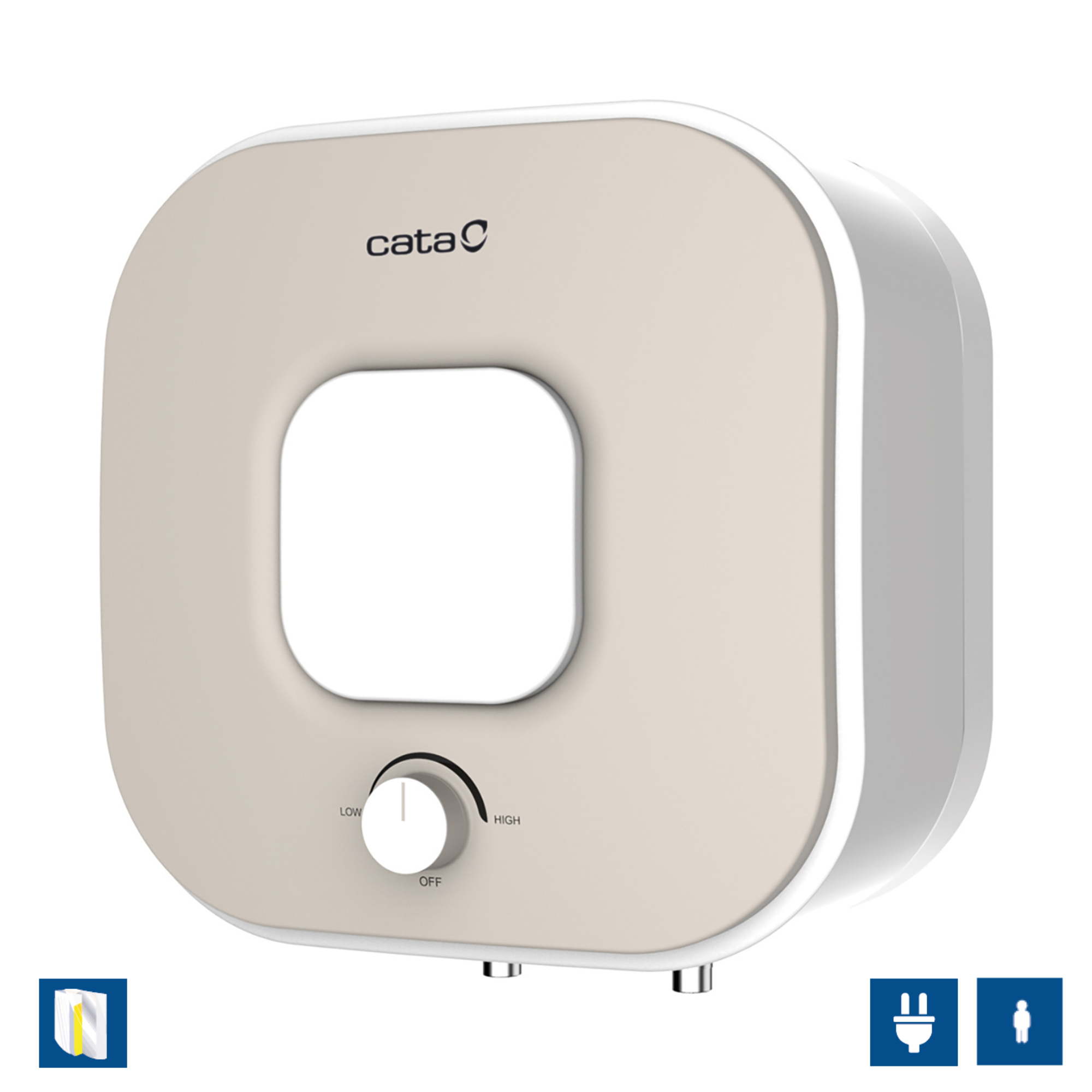 Calentador de agua Cata beige y blanco con dial. La marca está arriba.