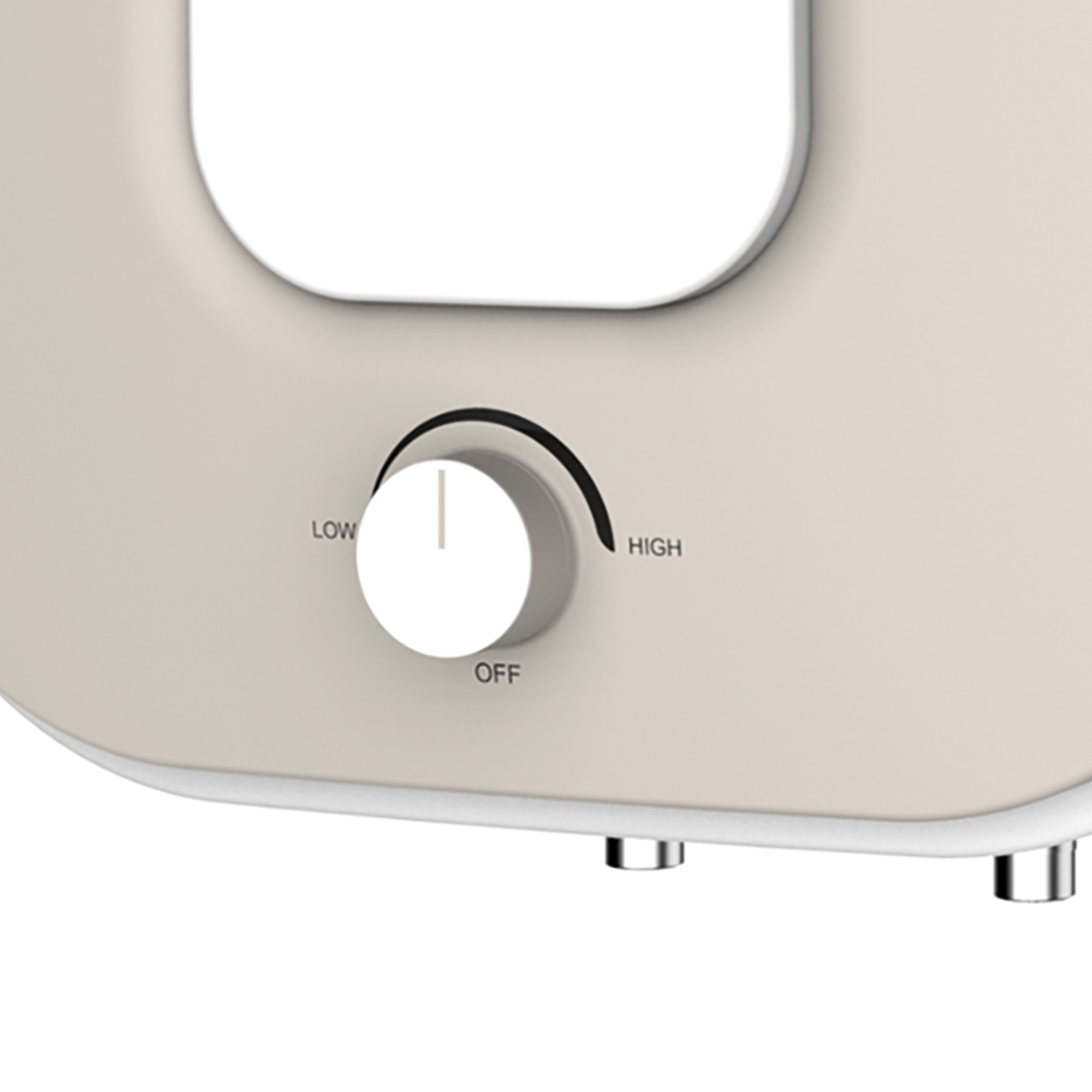 Panel de electrodoméstico color crema con dial blanco. El dial tiene etiquetas 'LOW', 'OFF', 'HIGH'.