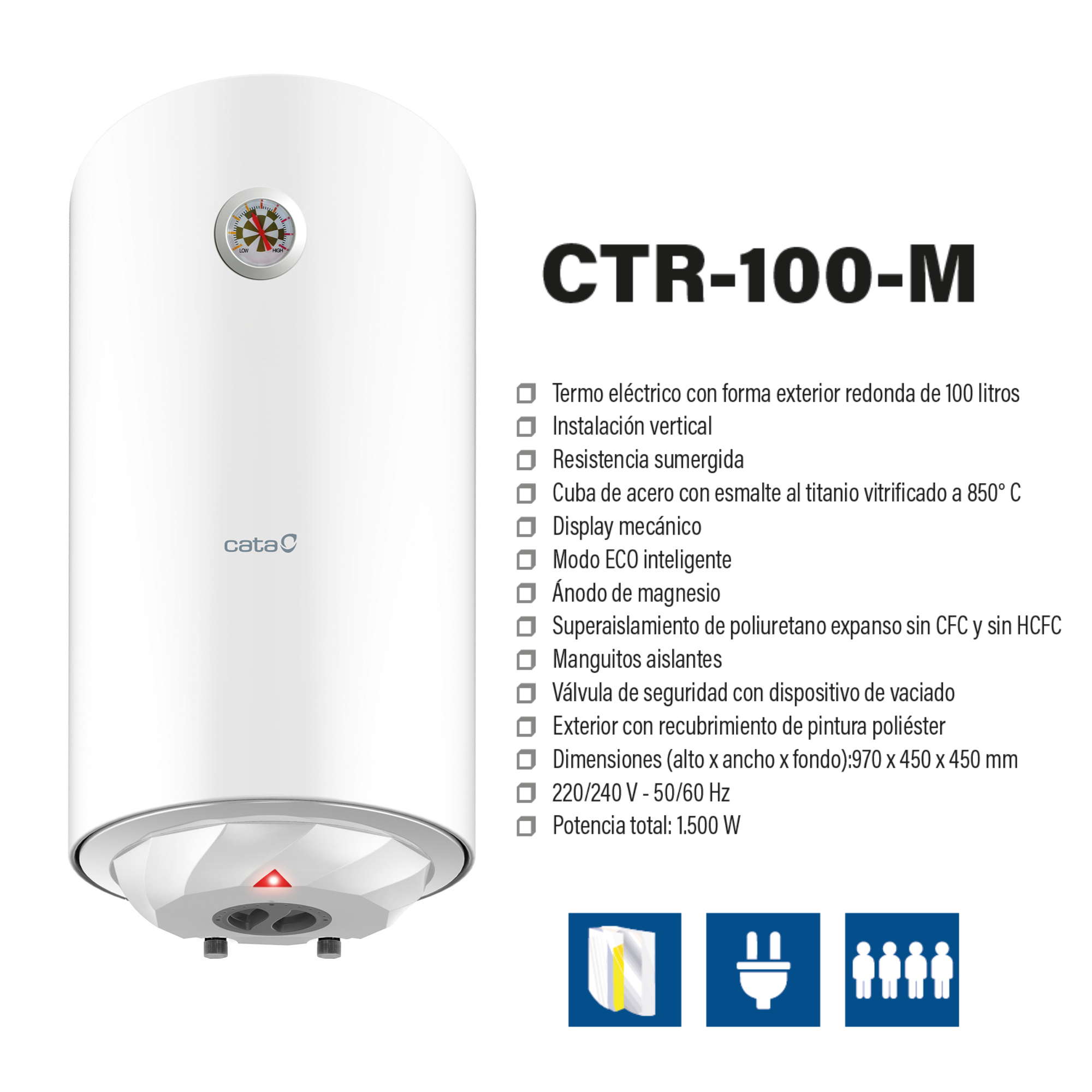 Scaldabagno cilindrico bianco Cata CTR-100-M. Testo e icone sul lato. Sfondo bianco.