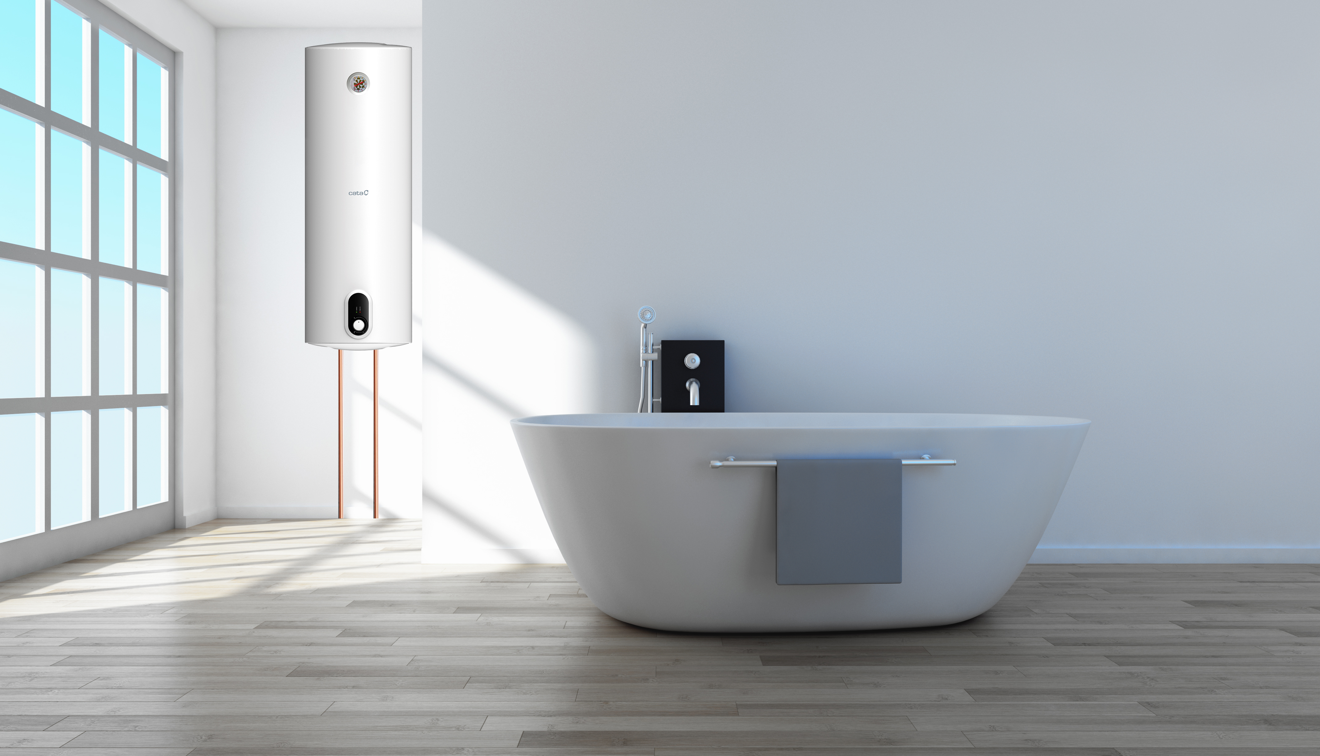 Baño con bañera blanca, calentador de agua y ventana grande.