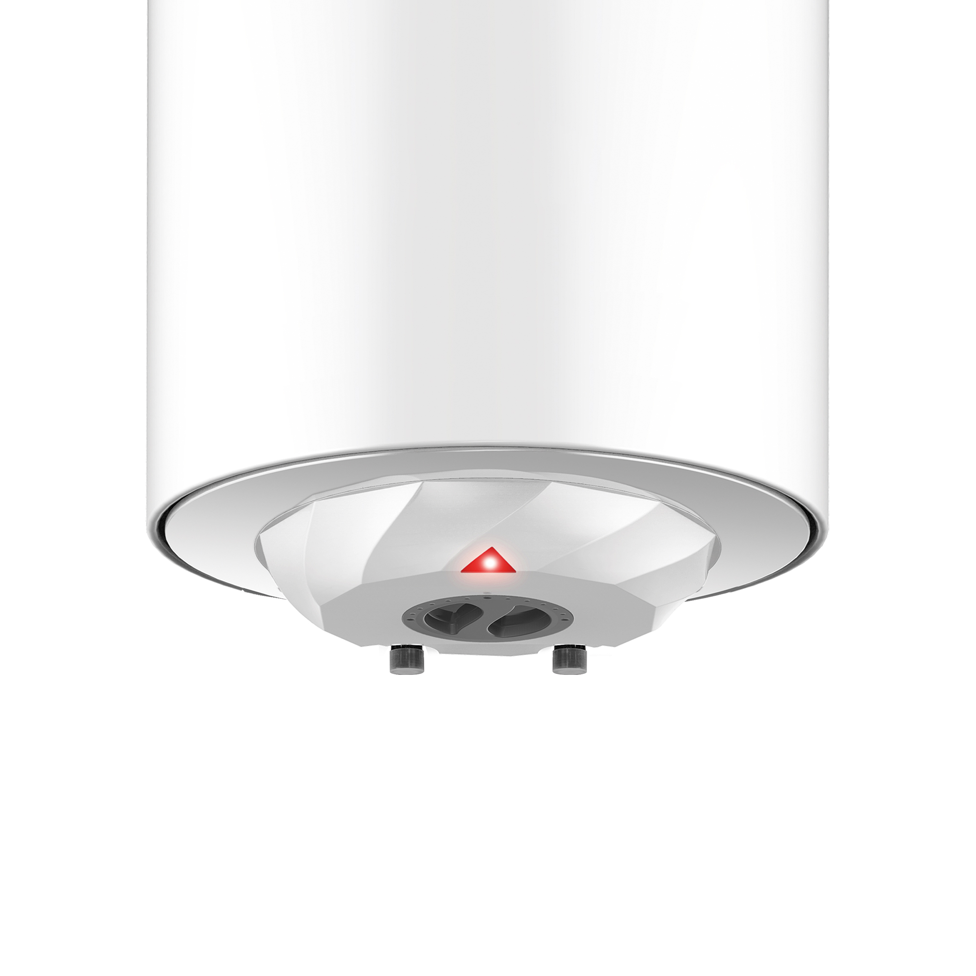 Scaldabagno cilindrico bianco. Una luce rossa è accesa in basso. Sfondo bianco.