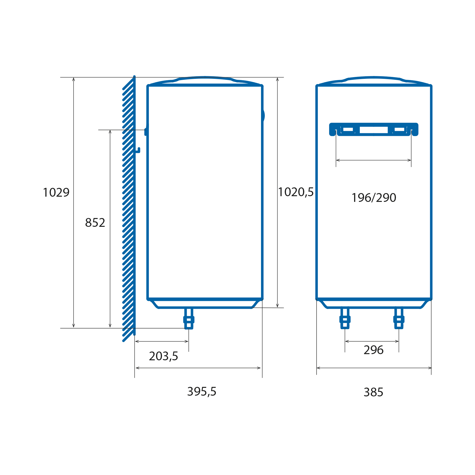 Dibujo técnico de un calentador de agua con dimensiones en milímetros. Vistas lateral y frontal.
