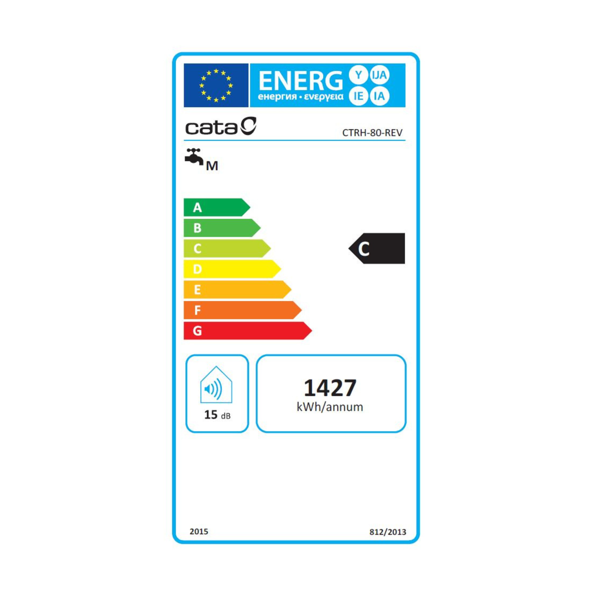 Etiqueta de eficiencia energética que muestra la calificación de un electrodoméstico, con valor de consumo kWh/año.