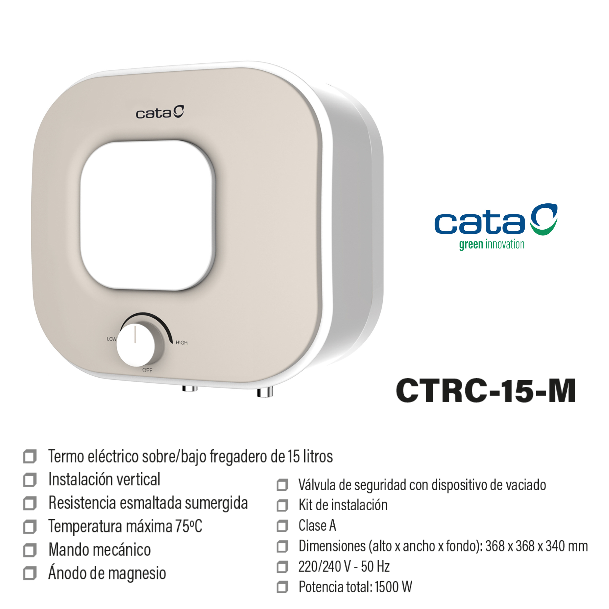 Calentador de agua Cata blanco y beige con controles y texto. Tiene una pantalla digital.
