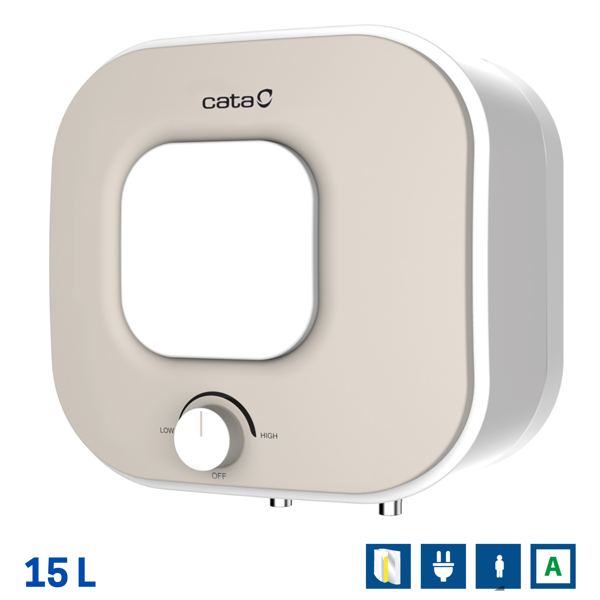 Calentador de agua Cata beige con mando y iconos.