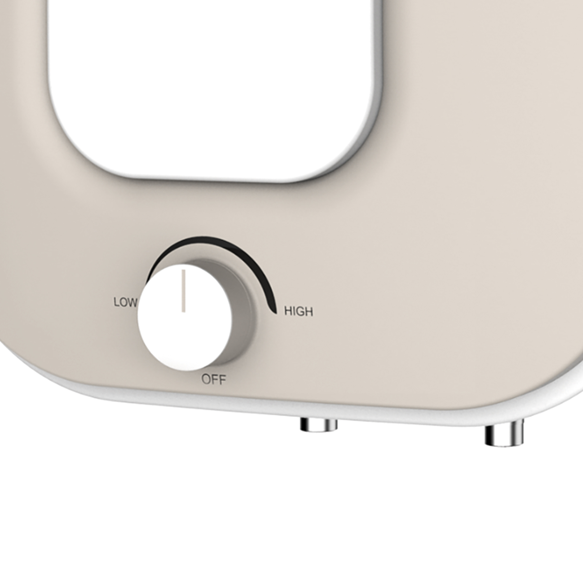 Primer plano de un panel de control de producto beige con una perilla etiquetada 'LOW', 'OFF' y 'HIGH'.