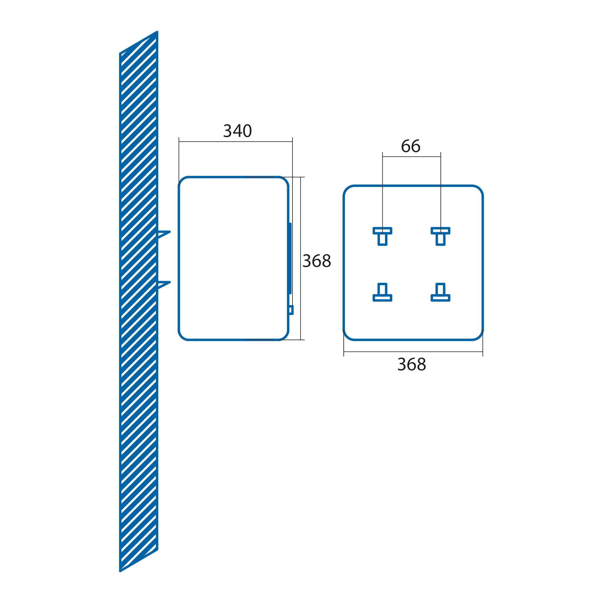 Diagrama de enchufes eléctricos y una caja montada en la pared con dimensiones.