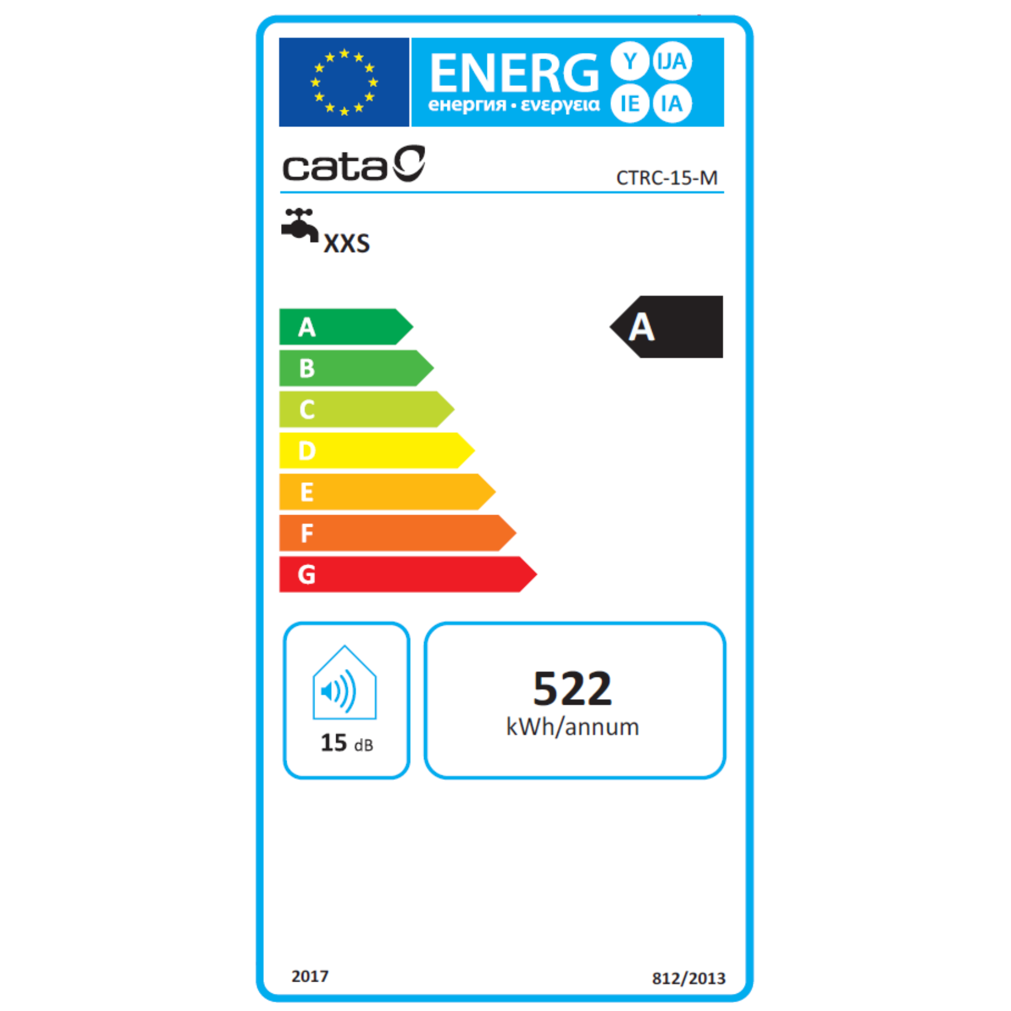 Etiqueta de eficiencia energética. Muestra la clase energética A y el nivel de sonido. Colorida.
