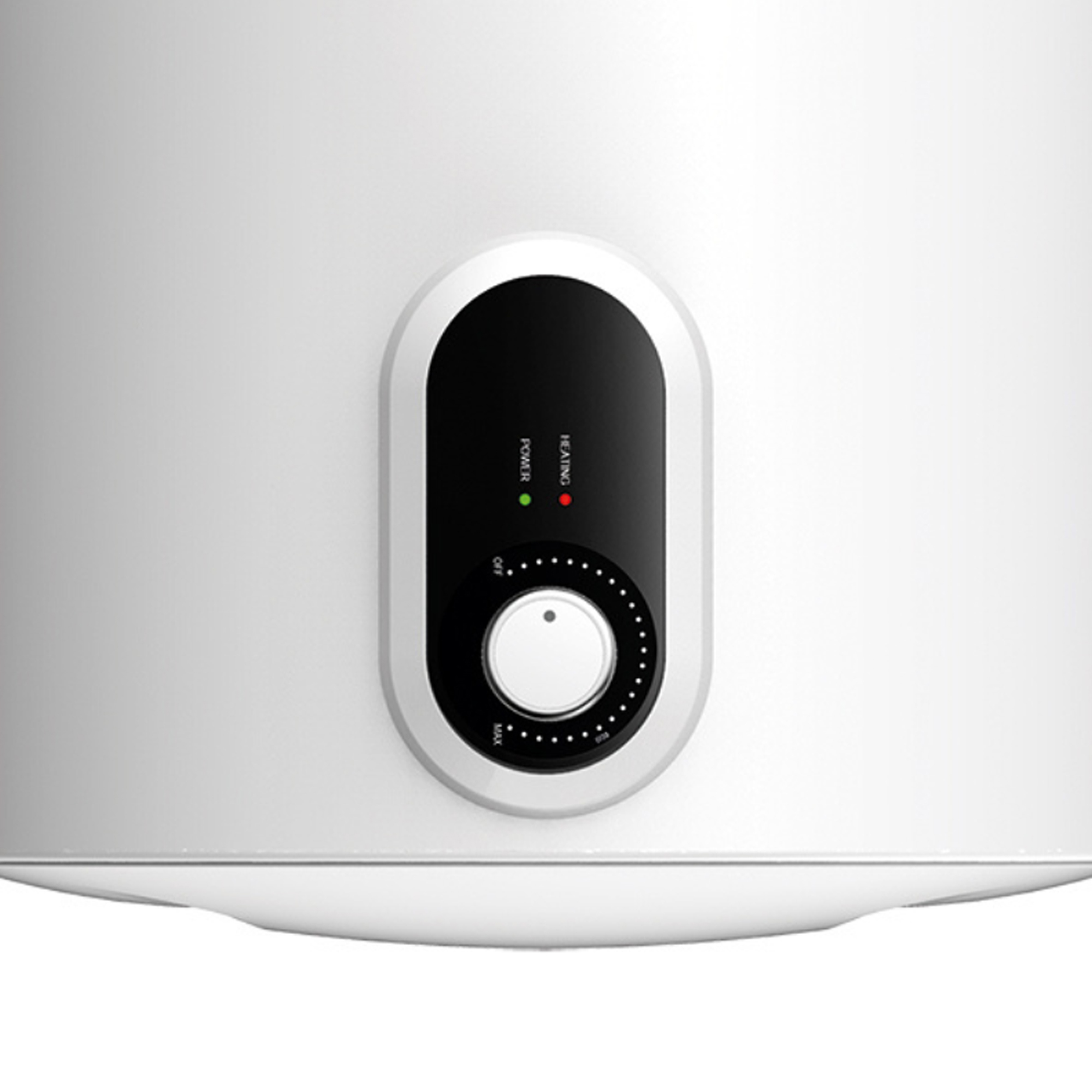 Calentador de agua blanco con panel de control negro y dial para ajustar la temperatura.