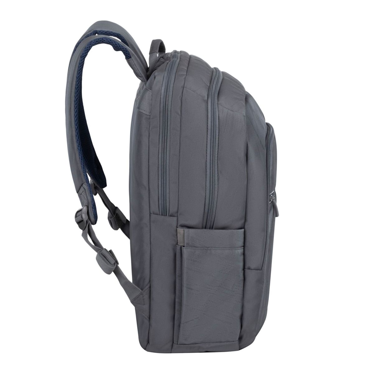 Grauer Rucksack, Seitenansicht, mit Seitentasche und Gurten. Zeigt das Seitenprofil eines stilvollen, praktischen Rucksacks.