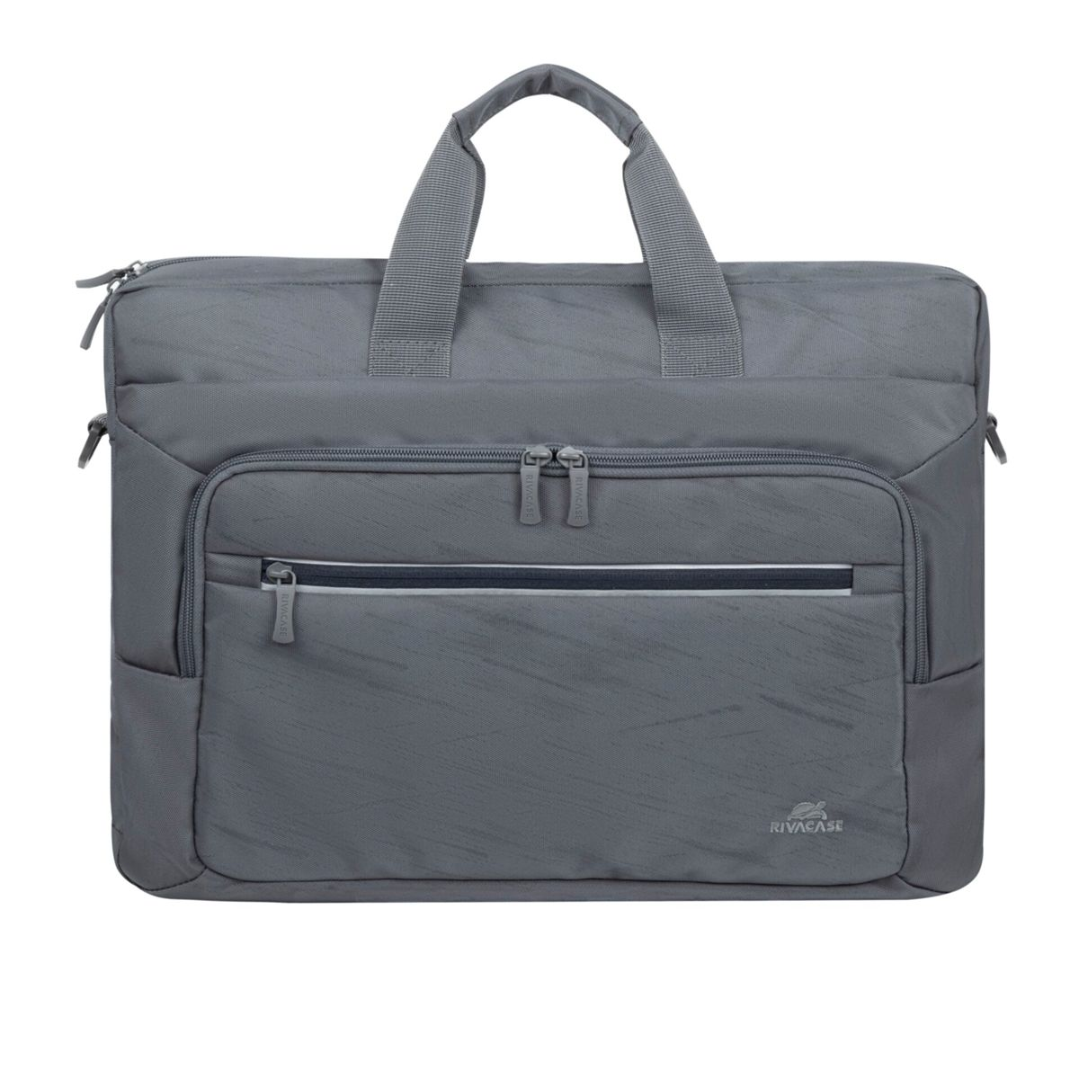 Eine graue Laptoptasche mit mehreren Taschen und Reißverschlüssen. Der Markenname 'RIVACASE' ist sichtbar.