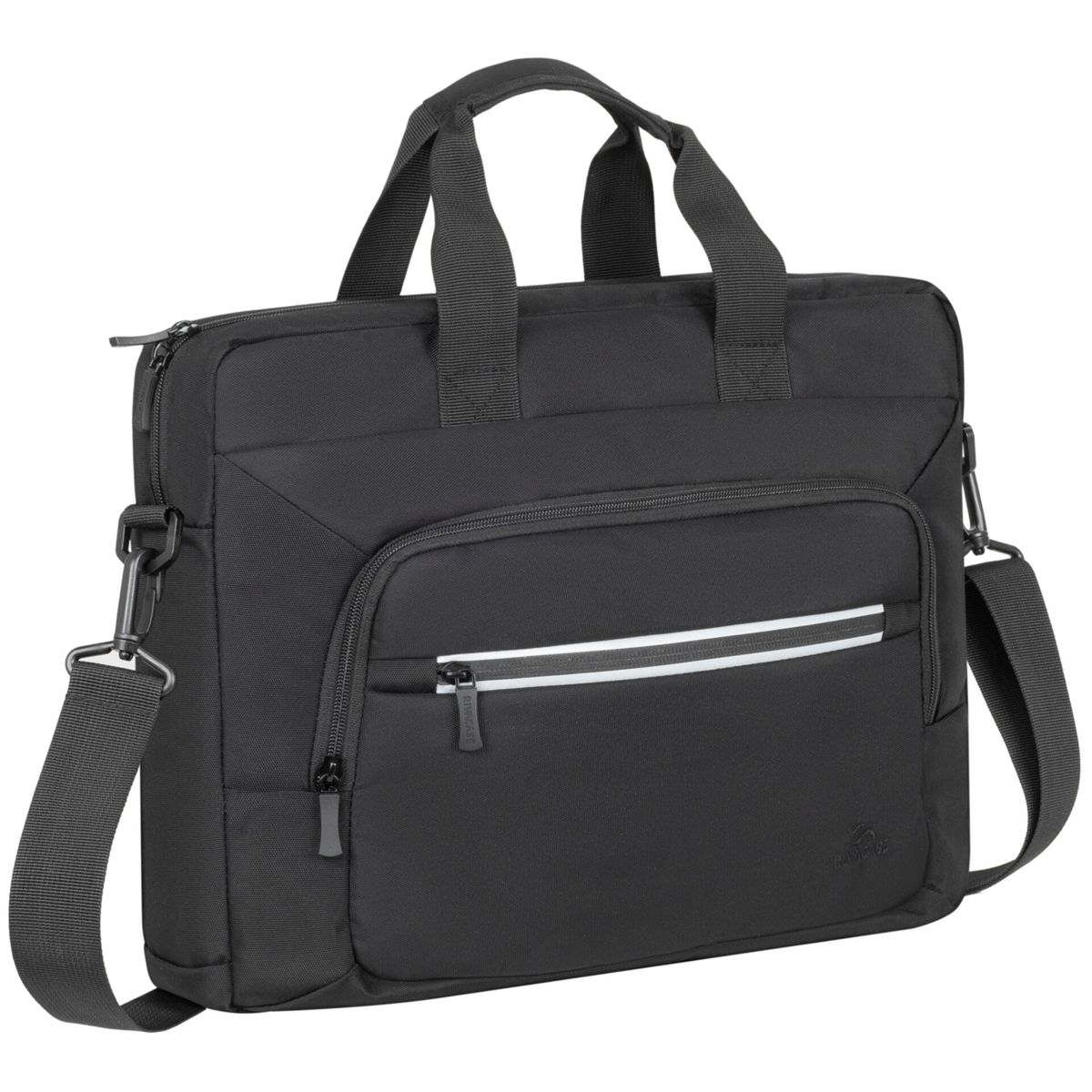 Schwarze Laptoptasche mit Griff, Schultergurt, Vordertasche und weißem Streifen.