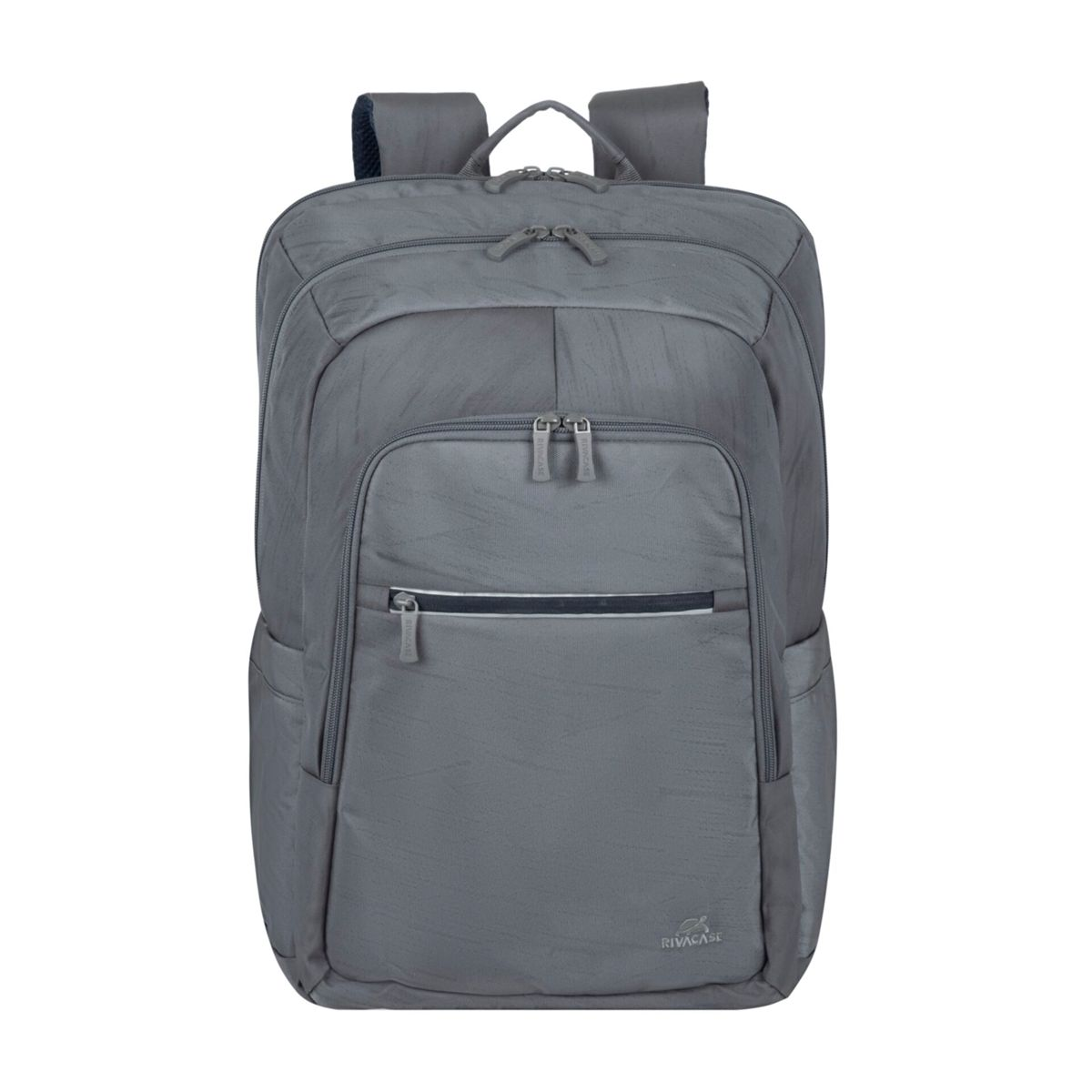 Grauer Rucksack mit mehreren Fächern und Reißverschlüssen. Hat zwei Schultergurte und einen Griff oben.