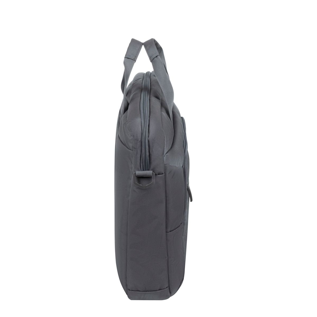 Eine graue Laptoptasche auf weißem Hintergrund, Seitenansicht.