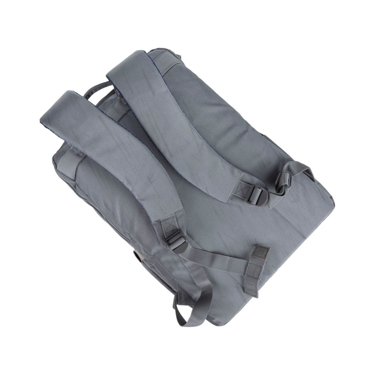 Grauer Rucksack von hinten mit Gurten, Schnallen und Griff auf weißem Hintergrund.