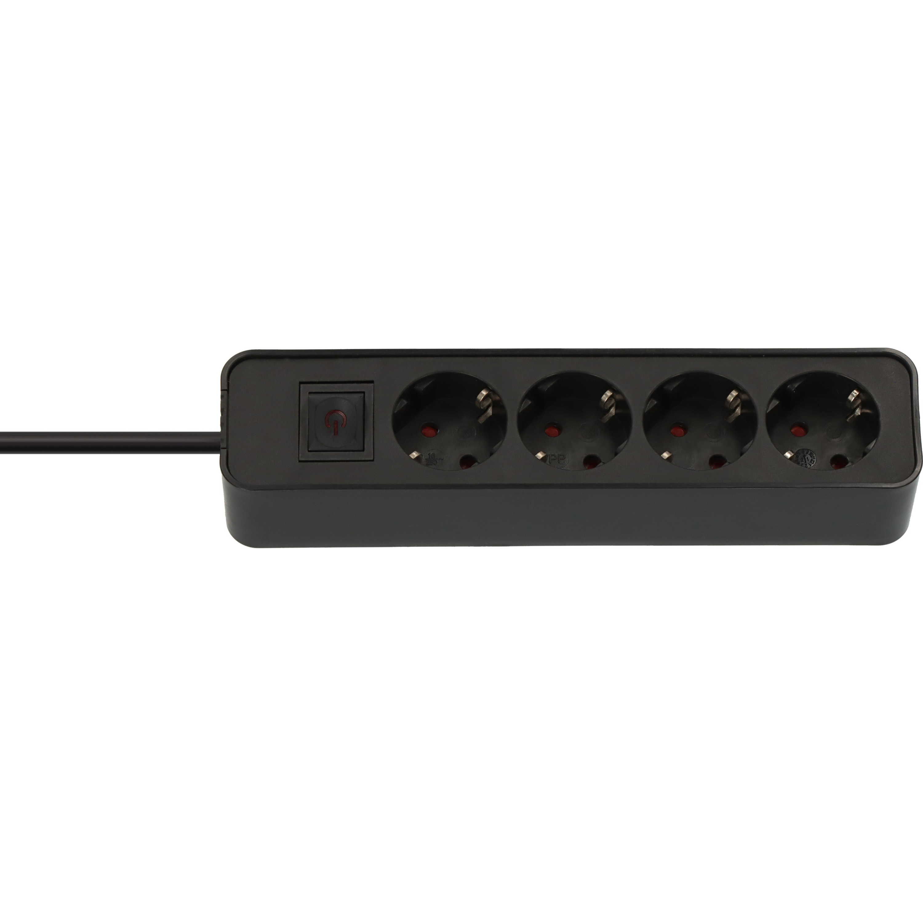 Eine schwarze Steckdosenleiste mit vier Steckdosen, einem Schalter und einem schwarzen Kabel.