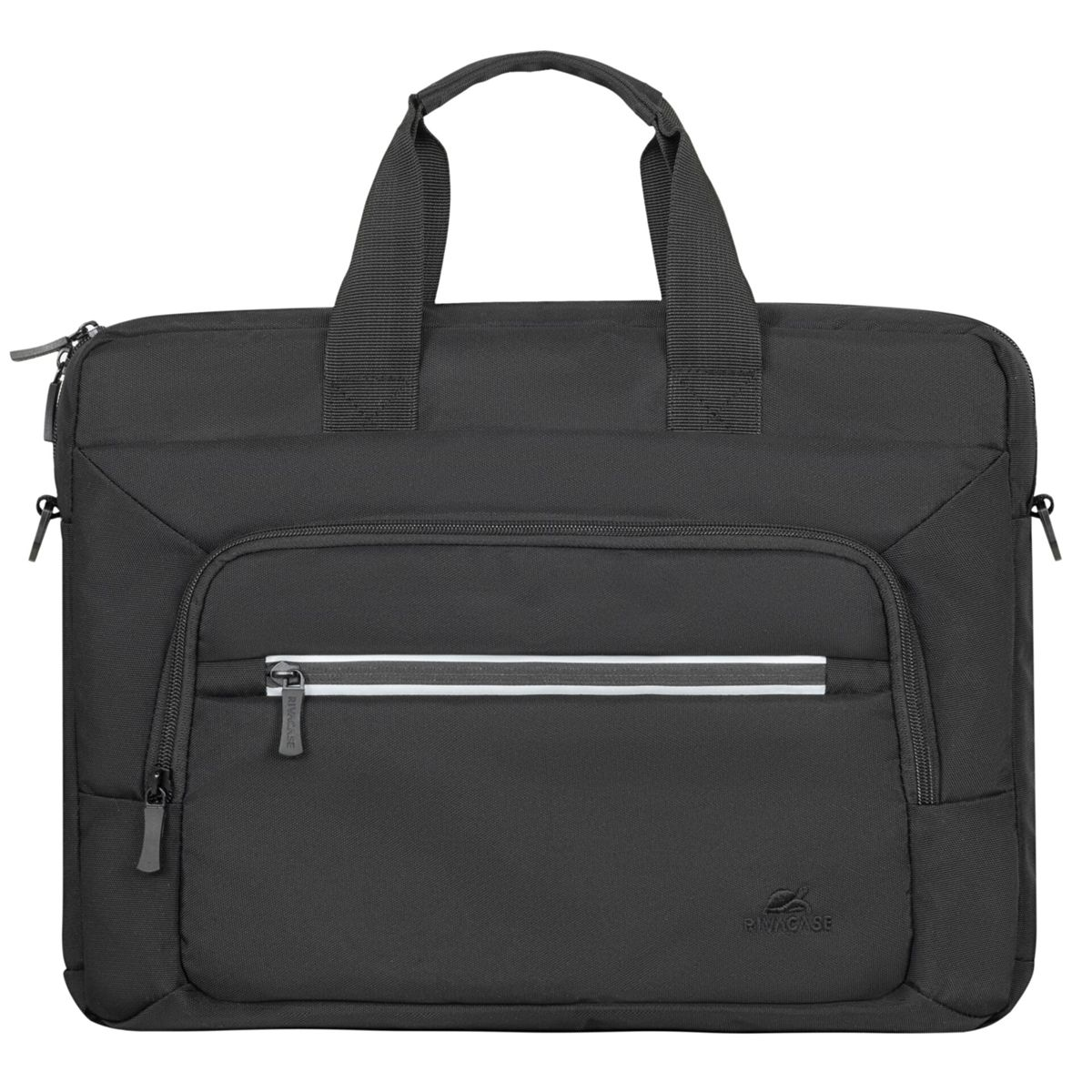 Eine schwarze Laptoptasche mit Vordertasche und weißem Streifen. Sie hat einen Griff und einen Reißverschluss.