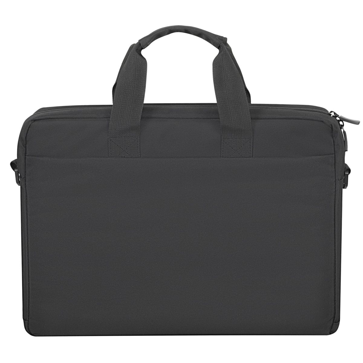 Schwarze Laptoptasche mit Griffen und Schulterriemen, schlichtes Design, keine sichtbaren Logos.