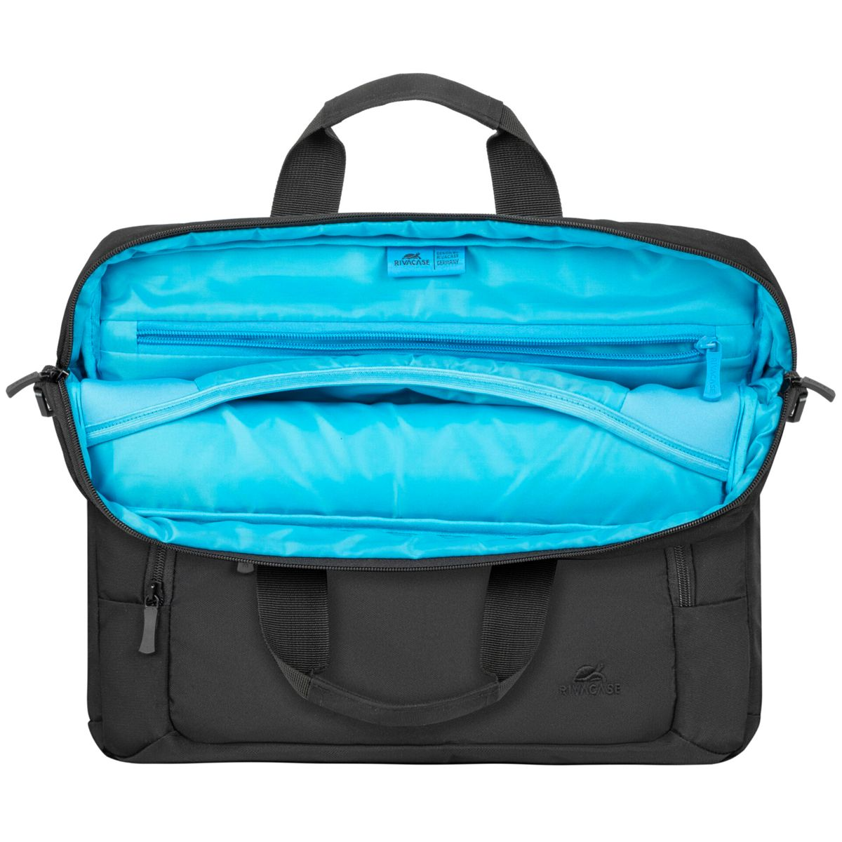 Eine schwarze Laptoptasche, offen, mit blauem Innenraum und Fächern.