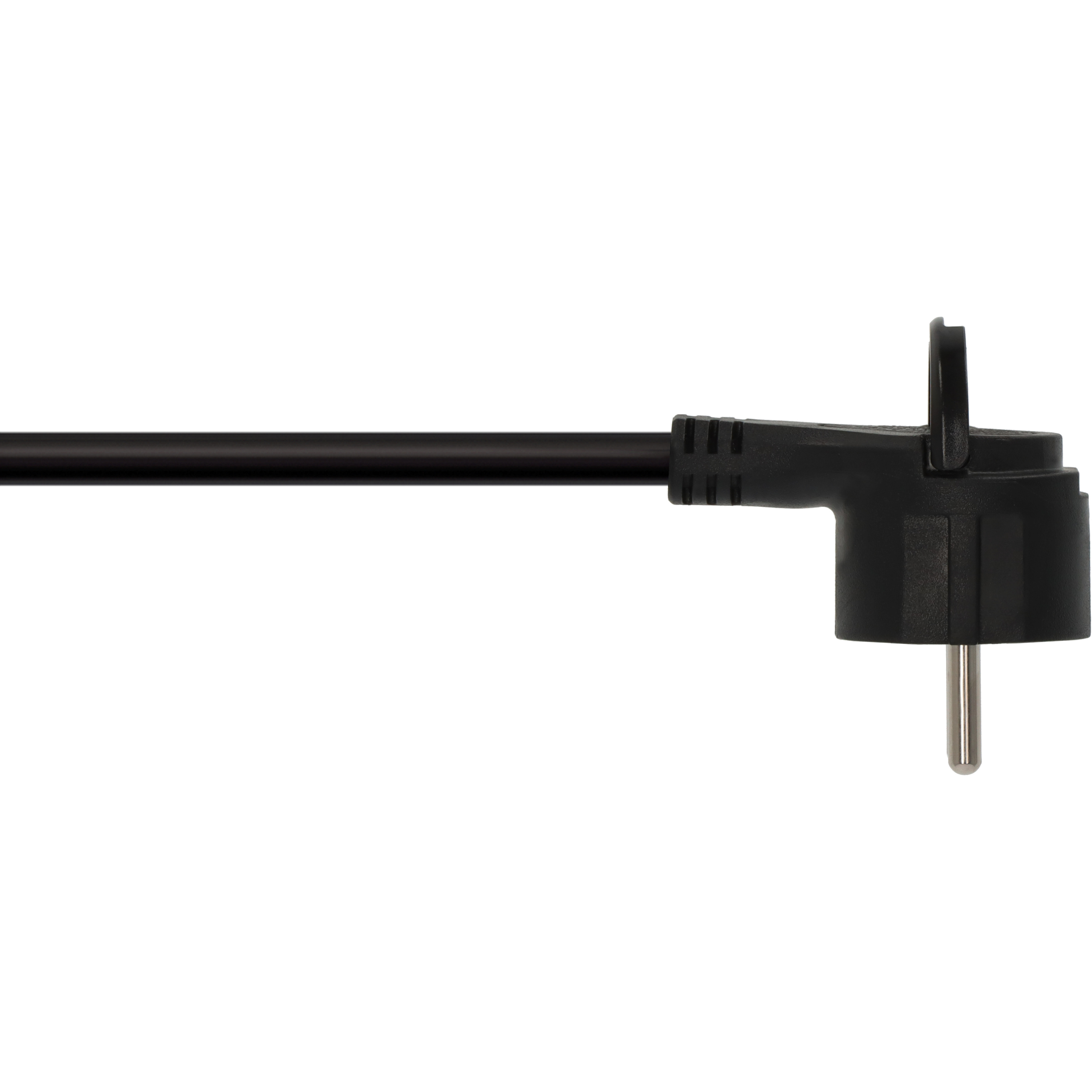 Schwarzer Netzstecker mit schwarzem Kabel auf weißem Hintergrund.