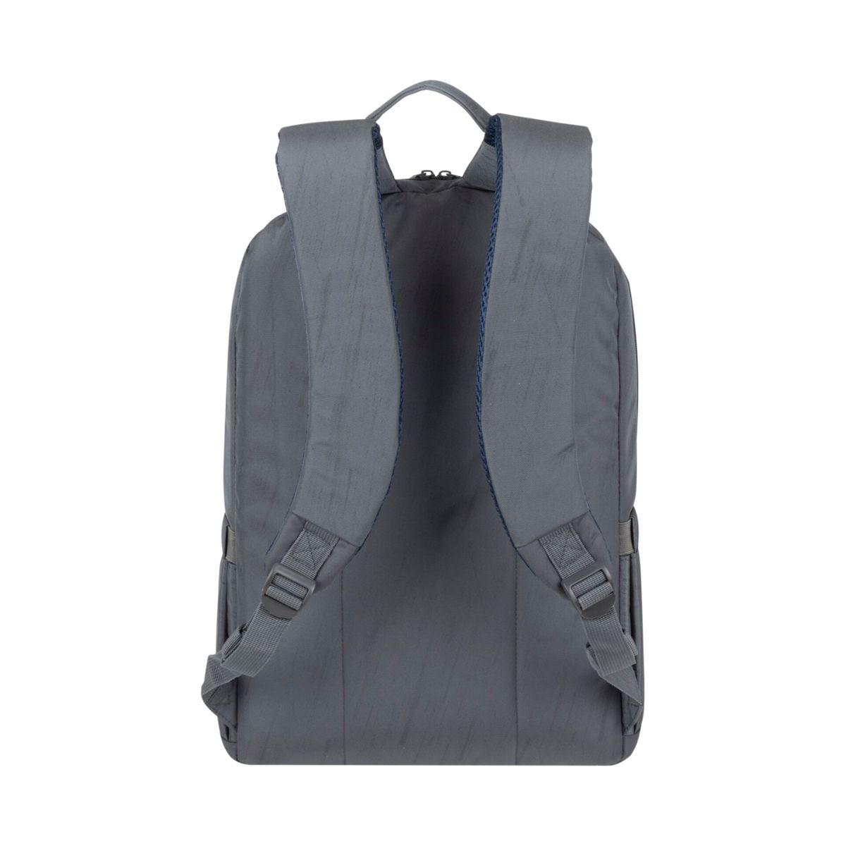 Retro di uno zaino grigio con cinghie e fibbie, con un bordo blu navy.