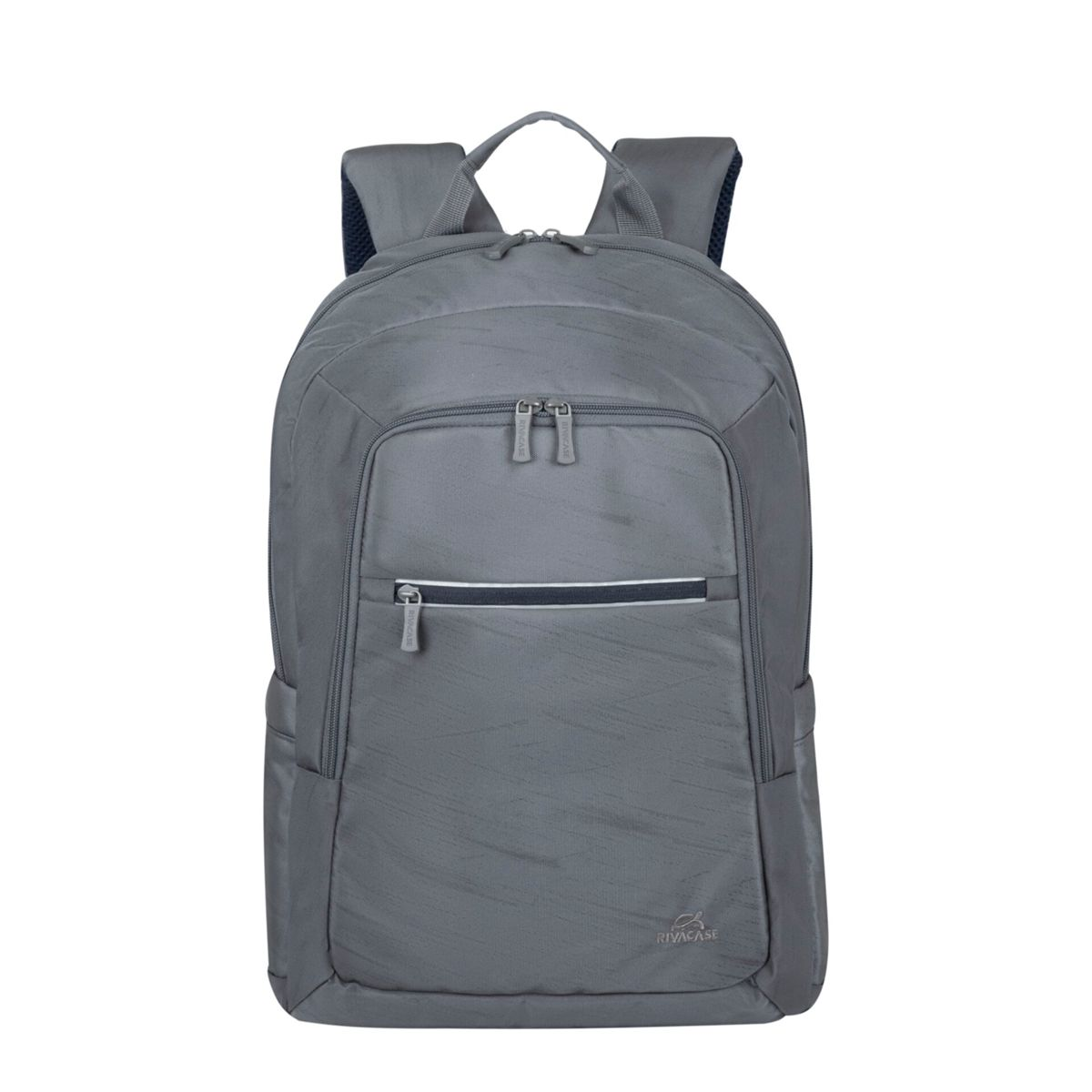 Uno zaino grigio con più tasche e cerniere. Il logo Rivacase è visibile.