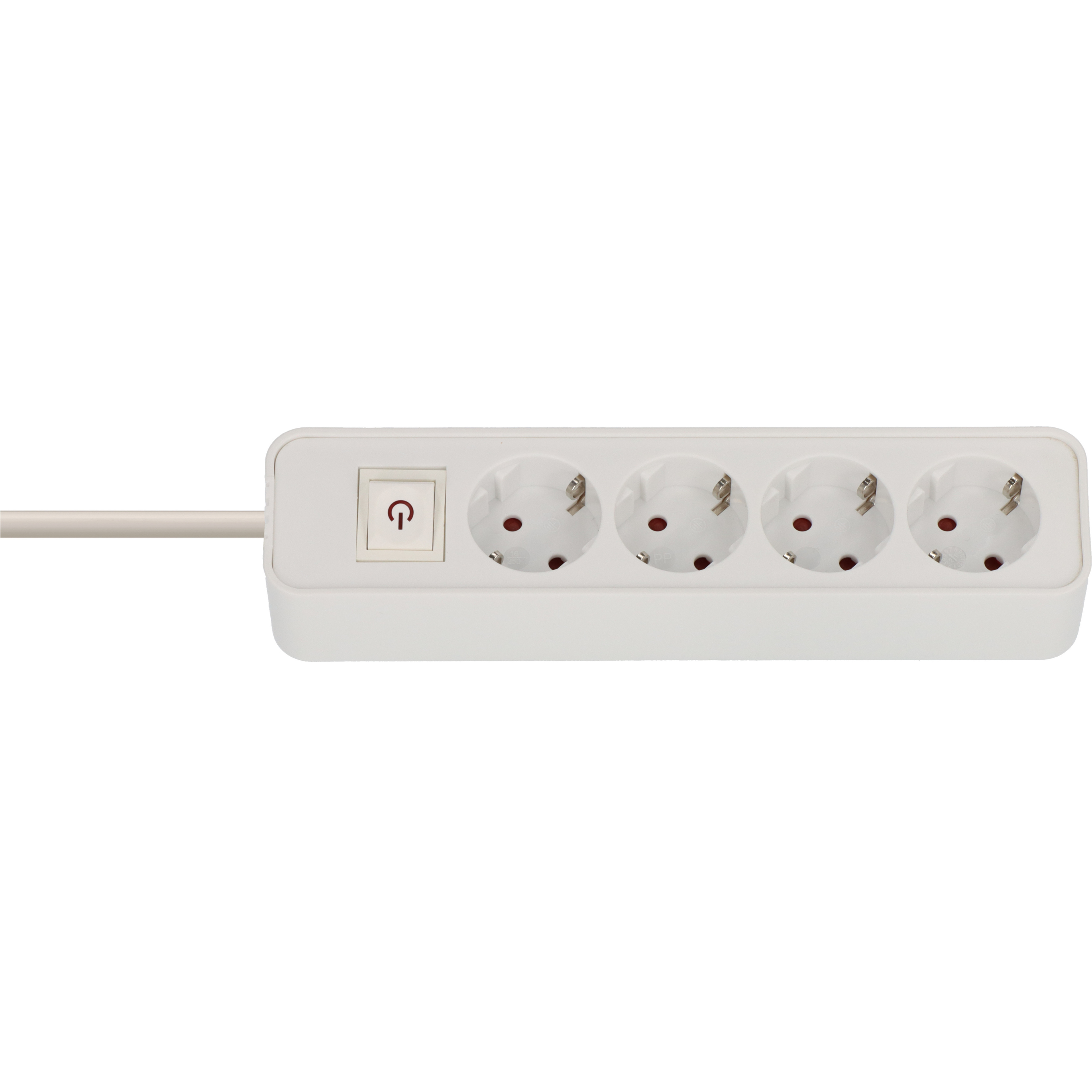 Weiße Steckdosenleiste mit vier Steckdosen und einem Ein-/Ausschalter. Sie hat ein weißes Kabel.