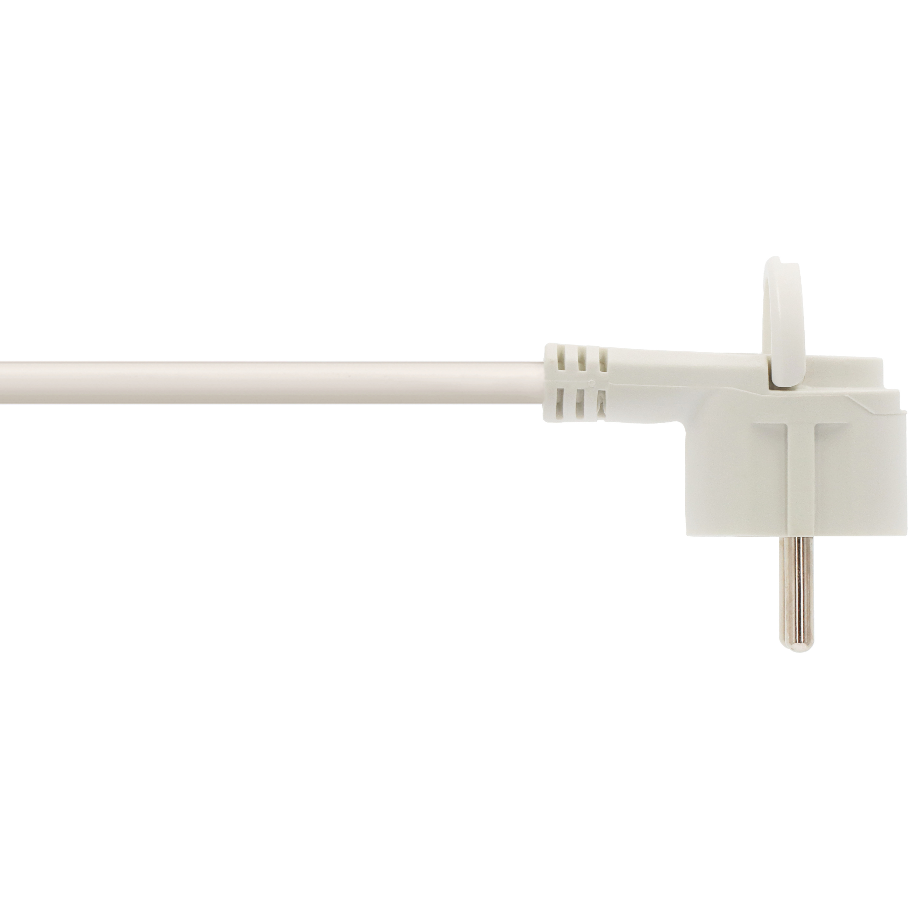 Weißes Netzkabel mit europäischem Stecker, isoliert auf weißem Hintergrund.