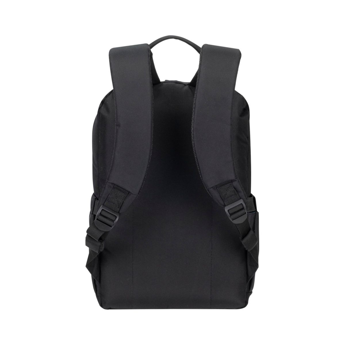 Ein schwarzer Rucksack von hinten betrachtet. Er hat zwei Schultergurte, einen Griff und ein schlichtes Design.