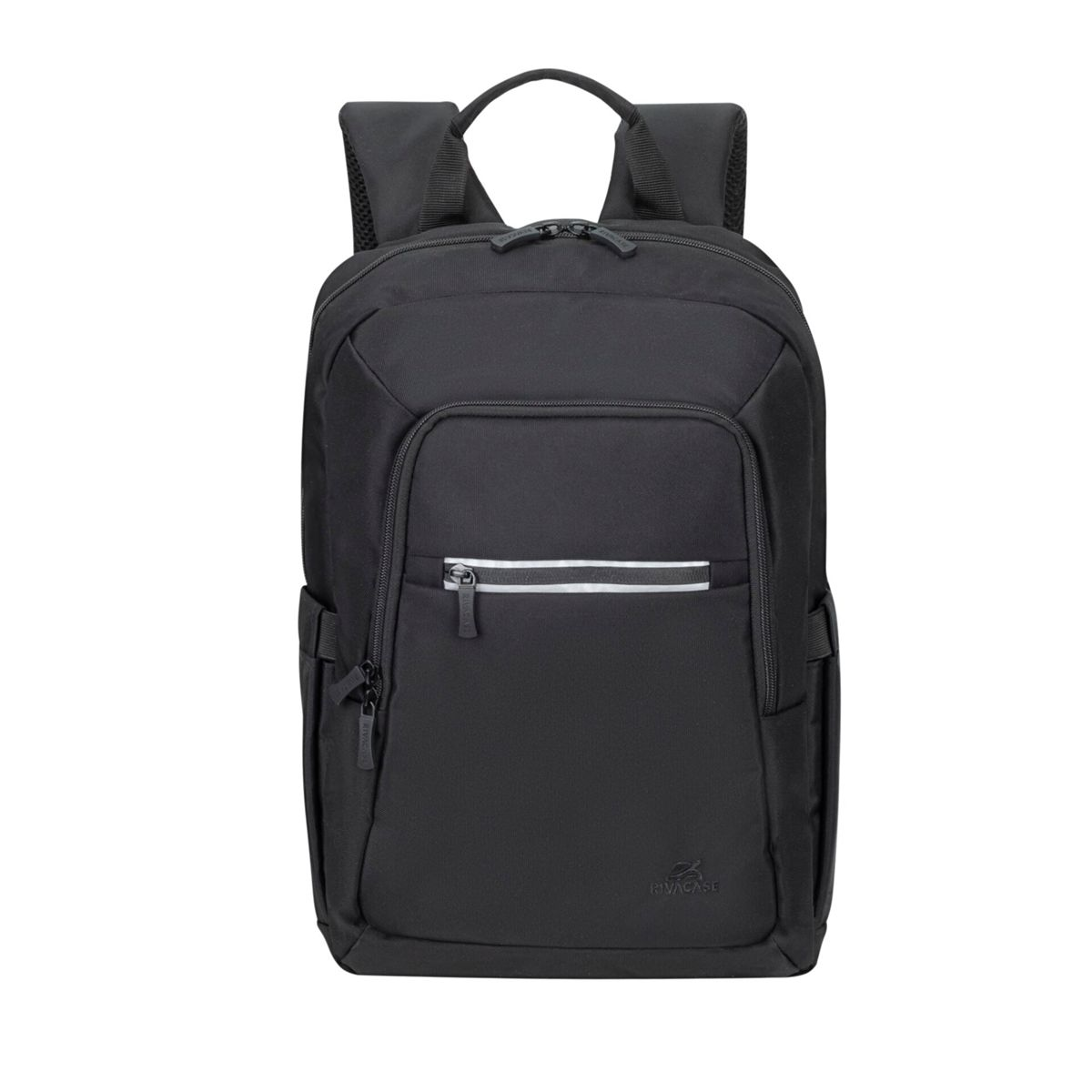 Ein schwarzer Rucksack mit zwei Hauptfächern und einer Vordertasche mit Reißverschluss.