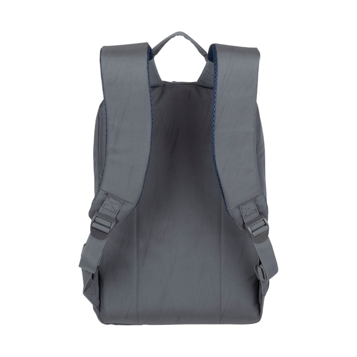 Rückseite eines grauen Rucksacks mit zwei Schultergurten und verstellbaren Gurten.