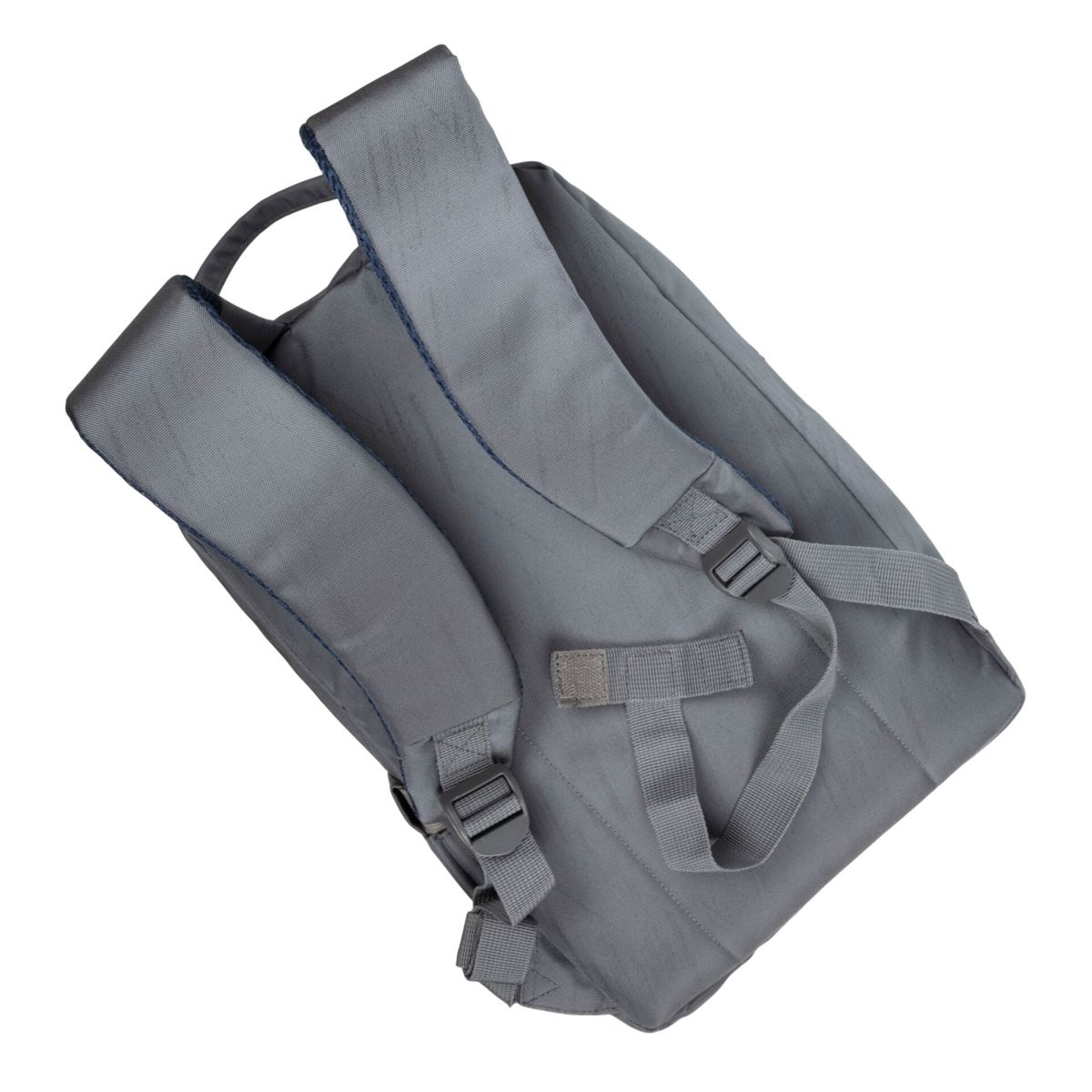 Grauer Rucksack, von hinten. Zwei Schultergurte und ein Griff sind sichtbar.