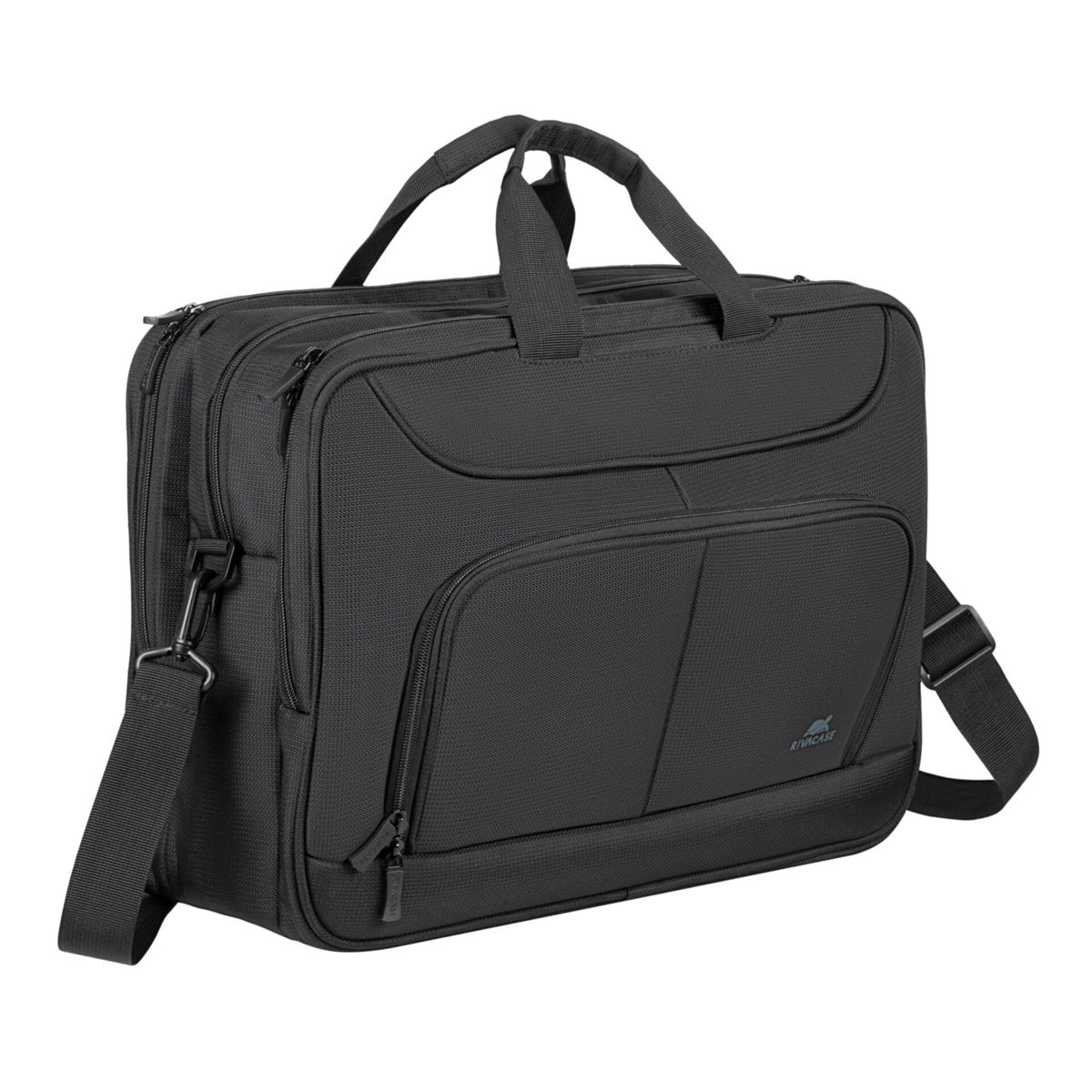 Una borsa nera per laptop con tracolla e più tasche. Ha un manico.